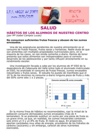 I.E.S. VALLE del JERTE                              REVISTA
    curso 2010/2011                                   de la
                                                  BIBLIOTECA
                            SALUD
HÁBITOS DE LOS ALUMNOS DE NUESTRO CENTRO
(por Mª Isabel Campos Lucas)

No consumen suficientes frutas frescas y abusan de los zumos
envasados.

   Una de las asignaturas pendientes de nuestra alimentación es el
consumo de frutas frescas, frutos secos y hortalizas. Nadie duda de que
son alimentos con múltiples propiedades nutricionales pero, en la
mayoría de los casos, se nos olvida comerlos a diario. Hemos de tener
presente que estos alimentos son indispensables para el correcto
desarrollo de los adolescentes y por tanto influyen directamente en su
rendimiento escolar.

   Una investigación llevada a cabo por los alumnos de 4º ESO de la
dependencia de Cabezuela del Valle entre todo el alumnado matriculado
en ESO, ha analizado el consumo de frutas frescas, zumos envasados
industriales y frutos secos. El estudio ha puesto de manifiesto que el
10 % de los alumnos no consume a diario ninguna pieza de fruta y más
del 50% come sólo 1 o 2 piezas.




   En la misma línea de hábitos no recomendables, casi la mitad de la
población consume demasiados zumos envasados (más de 4
semanales). Si se pretende sustituir un zumo por una pieza de fruta es
un grave error, ya que, en realidad, los zumos industriales contienen
solo entre un 5 y un 8% de fruta. El resto es agua. En proporción,
aportan cantidades muy altas de energía, procedente de los hidratos de
carbono (azúcares) y sin embargo, carecen de otros nutrientes
esenciales.
 