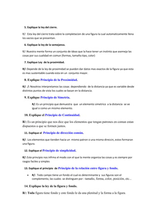 5. Explique la ley del cierre.

R/: Esta ley del cierre trata sobre la completacion de una figura la cual automaticamente llena
los vacios que se presentan.

 6. Explique la ley de la semejanza.

R/: Nuestra mente forma un conjunto de ideas que la hace tener un instinto que asemeja las
cosas por sus cualidad en comun (formas, tamaño.tipo, color)

 7. Explique Ley de la proximidad.

R/: Depende de la ley de proximidad se pueden dar datos mas exactos de la figura ya que esta
es mas sustentable cuando esta en un conjunto mayor.

 8. Explique Principio de la Proximidad.

R/: /: Nosotros interpretamos las cosas dependiendo de la distancia ya que es variable desde
distintos puntos de vista los cuales se basan en la distancia.

 9. Explique Principio de Simetría.

        R/: Es un principio que demuestra que un elemento simetrico a la distancia se ve
        igual o como un misimo elemento.

 10. Explique el Principio de Continuidad.

R/: Es un principio que nos dice que los elementos que tengan patrones en comun estan
dispuestos a que se formen juntos.

 11. Explique el Principio de dirección común.

R/: Los elementos que tienden hacia un mismo patron o una misma direccin, estos formaran
una figura.

 12. Explique el Principio de simplicidad.

R/: Este principio nos infrma el modo con el que la mente organiza las cosas y es siempre por
rasgos faciles y simples

 13. Explique el principio de Principio de la relación entre figura y fondo.

    •   R/: Todo campo tiene un fondo el cual es determinante y sus figuras son el
        complemento, las cuales se distinguen por : tamaño, forma, color, posición, etc...

 14. Explique la ley de la figura y fondo.

R/: Toda figura tiene fondo y este fondo le da una plenitud y la forma a la figura.
 