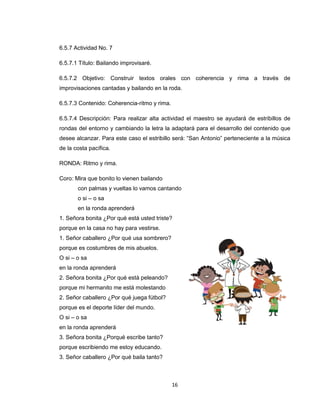 6.5.7 Actividad No. 7

6.5.7.1 Título: Bailando improvisaré.

6.5.7.2 Objetivo: Construir textos orales con coherencia y rima a través de
improvisaciones cantadas y bailando en la roda.

6.5.7.3 Contenido: Coherencia-ritmo y rima.

6.5.7.4 Descripción: Para realizar alta actividad el maestro se ayudará de estribillos de
rondas del entorno y cambiando la letra la adaptará para el desarrollo del contenido que
desee alcanzar. Para este caso el estribillo será: “San Antonio” perteneciente a la música
de la costa pacífica.

RONDA: Ritmo y rima.

Coro: Mira que bonito lo vienen bailando
       con palmas y vueltas lo vamos cantando
       o si – o sa
       en la ronda aprenderá
1. Señora bonita ¿Por qué está usted triste?
porque en la casa no hay para vestirse.
1. Señor caballero ¿Por qué usa sombrero?
porque es costumbres de mis abuelos.
O si – o sa
en la ronda aprenderá
2. Señora bonita ¿Por qué está peleando?
porque mi hermanito me está molestando
2. Señor caballero ¿Por qué juega fútbol?
porque es el deporte líder del mundo.
O si – o sa
en la ronda aprenderá
3. Señora bonita ¿Porqué escribe tanto?
porque escribiendo me estoy educando.
3. Señor caballero ¿Por qué baila tanto?



                                              16
 