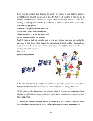 8. El maestro indicará que después de cantar dos veces el coro deberán pasar e
inmediatamente ella dirá un número al azar del 1 al 16. al escuchar el número que el
docente mencione el niño y la niña que tengan este número deberán pasar al centro de la
ronda y hacer preguntas como las que están en la ronda que previamente ya elaboró y
que dio como ejemplo así.
- Señora bonita ¿Por qué está usted triste?
porque en la casa no hay para vestirse.
- Señor caballero ¿Por qué usa sombrero?
porque es costumbre de mis abuelos.
Aquí el maestro dará los ejemplos que el crea conveniente para que los estudiantes
aprendan lo que deben hacer cuando les corresponda el turno a ellos y explicará que
después que tanto el niño como la niña pregunten estos deben volver al círculo de la
ronda y cantar solo los versos.
O si – o sa
en la ronda aprenderá.




9. El maestro explicará que deben ser creativos al preguntar y responder y que deben
hacerlo con el mismo ritmo del coro y que además deben tener rima y coherencia.

10. El maestro deberá pasar por alto algunas faltas de rima en las respuestas, hasta
alcanzar la perfección en las construcciones orales de los estudiantes. Se deben nombrar
todas las parejas.

11. Al regresar al salón se debe escribir en el cuaderno de castellano cada una de las
improvisaciones que nacieron al interior de la ronda, para que quede como evidencia.



                                              18
 