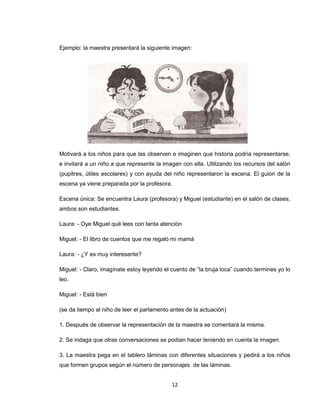 Ejemplo: la maestra presentará la siguiente imagen:




Motivará a los niños para que las observen e imaginen que historia podría representarse,
e invitará a un niño a que represente la imagen con ella. Utilizando los recursos del salón
(pupitres, útiles escolares) y con ayuda del niño representaron la escena. El guión de la
escena ya viene preparada por la profesora.

Escena única: Se encuentra Laura (profesora) y Miguel (estudiante) en el salón de clases,
ambos son estudiantes.

Laura: - Oye Miguel qué lees con tanta atención

Miguel: - El libro de cuentos que me regaló mi mamá

Laura: - ¿Y es muy interesante?

Miguel: - Claro, imagínate estoy leyendo el cuento de “la bruja loca” cuando termines yo lo
leo.

Miguel: - Está bien

(se da tiempo al niño de leer el parlamento antes de la actuación)

1. Después de observar la representación de la maestra se comentará la misma.

2. Se indaga que otras conversaciones se podían hacer teniendo en cuenta la imagen.

3. La maestra pega en el tablero láminas con diferentes situaciones y pedirá a los niños
que formen grupos según el número de personajes de las láminas.


                                            12
 