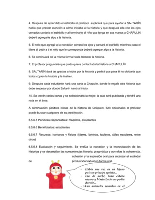 4. Después de aprendido el estribillo el profesor explicará que para ayudar a SALTARÍN
había que prestar atención a cómo iniciaba él la historia y que después ella con los ojos
cerrados cantaría el estribillo y al terminarlo el niño que tenga en sus manos a CHAPULIN
deberá agregarle algo a la historia.

5. El niño que agregó a la narración cerrará los ojos y cantará el estribillo mientras pasa el
títere al decir a ti el niño que le corresponda deberá agregar algo a la historia.

6. Se continuará de la misma forma hasta terminar la historia.

7. El profesor preguntará que quién quiere contar toda la historia a CHAPULÍN

8. SALTARÍN dará las gracias a todos por la historia y pedirá que para él no olvidarla que
todos copien la historia y la ilustren.

9. Después cada estudiante hará una carta a Chapulín, donde le regale otra historia que
debe empezar por donde Saltarín narró al inicio.

10. Se leerán varias cartas y se seleccionará la mejor, la cual será publicada y tendrá una
nota en el área.

A continuación posibles inicios de la historia de Chapulín. Son opcionales el profesor
puede buscar cualquiera de su predilección.

6.5.6.5 Personas responsables: maestros, estudiantes

6.5.6.6 Beneficiarios: estudiantes

6.5.6.7 Recursos: humanos y físicos (títeres, láminas, tableros, útiles escolares, entre
otros)

6.5.6.8 Evaluación y seguimiento. Se evalúa la narración y la improvisación de las
historias y se desarrollan las competencias literaria, pragmática y con ellas la coherencia,
                                       cohesión y la expresión oral para alcanzar el estándar
de                                     producción textual en forma oral.

                                              - Había una vez en un lejano
                                                país un príncipe egoísta…
                                              - Era de noche, todo estaba
                                                oscuro y María Lucía no podía
                                                dormir…
                                              - Los animales reunidos en el
                                               15
                                                bosque decidieron…
 