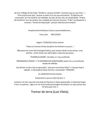 de tirar o fôlego de tão lindo; "Dialética", porque também "acontece que eu sou triste...";
"Uma música que seja", porque as vezes é só isso que precisamos; "O Operário em
construção" pra nos lembrar da realidade, da vida, do dia a dia, da simplicidade; "A Rosa
de Hiroshima" pra nos lembrar da crueldade da natureza humana; "O Rio" pra despertar e
renascer; "Soneto de Separação", porque nada dura pra sempre!
Simplesmente fantástico! Leitura recomendadíssima...
Liany -plus 08/11/2010
wagner 17/04/2011minha estante
"Talvez os imensos limites da pátria me lembrem os puros..."
Não posso ter como lido Antologia Poética, pois sempre desde muito tempo--anos
setenta-- venho lendo com admiração a cada ano que passa.
"O MERGULHADOR", de todos, é o meu preferido.
"MENSAGEM À POESIA" e "O OPERÁRIO EM CONSTRUÇÃO, levam-me a um profundo
estado de reflexão.
Uso demais no dia a dia as expressões; "pois para isso fomos feitos" e "porque hoje é
sábado", e não poderia deixar de fora o encantador "TERNURA".
iza 16/02/2011minha estante
Exatamente o que eu achei do livro :)
comecei a ler por causa de uma lição de literatura e fiquei apaixonada, é impossível largar
o livro, os poemas , alguns eu me sinto sendo personagem do próprio, ou seja, parece que
foi feito para mim :)
Tremor de terra (Luiz Vilela).
 
