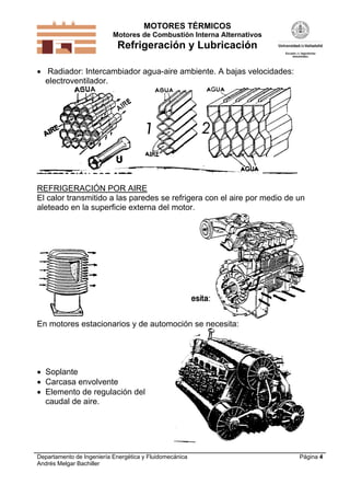 MOTORES TÉRMICOS
Motores de Combustión Interna Alternativos

Refrigeración y Lubricación
 Radiador: Intercambiador agua-aire ambiente. A bajas velocidades:
electroventilador.

REFRIGERACIÓN POR AIRE
El calor transmitido a las paredes se refrigera con el aire por medio de un
aleteado en la superficie externa del motor.

En motores estacionarios y de automoción se necesita:

 Soplante
 Carcasa envolvente
 Elemento de regulación del
caudal de aire.

Departamento de Ingeniería Energética y Fluidomecánica
Andrés Melgar Bachiller

Página 4

 