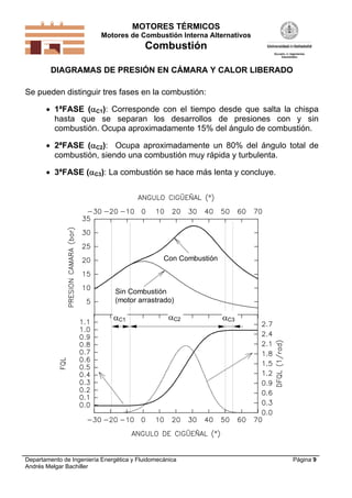 MOTORES TÉRMICOS
Motores de Combustión Interna Alternativos

Combustión
DIAGRAMAS DE PRESIÓN EN CÁMARA Y CALOR LIBERADO

Se pueden distinguir tres fases en la combustión:
 1ªFASE (C1): Corresponde con el tiempo desde que salta la chispa
hasta que se separan los desarrollos de presiones con y sin
combustión. Ocupa aproximadamente 15% del ángulo de combustión.
 2ªFASE (C2): Ocupa aproximadamente un 80% del ángulo total de
combustión, siendo una combustión muy rápida y turbulenta.
 3ªFASE (C3): La combustión se hace más lenta y concluye.

Con Combustión

Sin Combustión
(motor arrastrado)

C1

C2

Departamento de Ingeniería Energética y Fluidomecánica
Andrés Melgar Bachiller

C3

Página 9

 