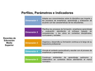 Perfiles, Parámetros e Indicadores
   
Dimensión 1
Adapta sus conocimientos sobre la disciplina que imparte y 
los  procesos  de  enseñanza,  aprendizaje  y  evaluación  de 
acuerdo con las características de los estudiantes.  
   
   
   
 
   
Dimensión 2
Planifica los procesos de formación, enseñanza aprendizaje 
y  evaluación  atendiendo  al  enfoque  basado  en 
competencias,  y  los  ubica  en  contextos  disciplinares, 
curriculares y sociales.
   
Docentes de
Educación
Media
Superior
   
 
   
Dimensión 3
Organiza y desarrolla su formación continua a lo largo de su 
trayectoria profesional.
 
 
   
 
   
Dimensión 4
Vincula el contexto sociocultural y escolar con el proceso de 
enseñanza y aprendizaje.
   
   
 
   
Dimensión 5
Construye  ambientes  de  aprendizaje  autónomo  y 
colaborativo  en  contextos  éticos  atendiendo  el  marco 
normativo.
 