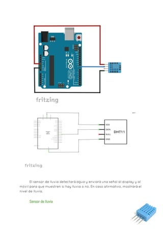 El sensor de lluvia detectará agua y enviará una señal al display y al
móvil para que muestren si hay lluvia o no. En caso afirmativo, mostrará el
nivel de lluvia.
Sensor de lluvia
20 
 