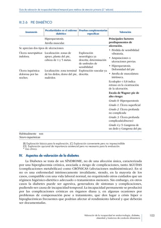 Valoración de la incapacidad en endocrinología, diabetes,
obesidad y trastornos de conducta alimentaria
103
Guía de valoración de incapacidad laboral temporal para médicos de atención primaria (2.ª edición)
III.3.6  PIE DIABÉTICO
Anamnesis
Peculiaridades en el enfermo
diabético
Pruebas complementarias
específicas
Valoración
Hiperqueratosis.
Atrofia muscular.
Principales factores
predisponentes de
ulceración.
•  Pérdida de sensibilidad
vibratoria.
• Amputaciones o
ulceraciones previas.
•  Hiperqueratosis.
Deformidad del pie
• Atrofia de musculatura
intrínseca.
Ecodopler  0,8 indica
retraso en la cicatrización
de la ulceración.
Escala de Wagner pie de
alto riesgo:
Grado 0: Hiperqueratosis
Grado 1: Úlcera superficial
Grado 2: Úlcera profunda
no complicada
Grado 3: Úlcera profunda
complicada(absceso)
Grado 4 y 5: Gangrena de
un dedo y Gangrena del pie.
Se aprecian dos tipos de ulceraciones:
Úlcera neuropática:
indolora.
Localización: zonas de
apoyo, planta del pie,
cabeza de 1 y 5 metas.
Exploración
neurológica ya
descrita; determinación
de umbrales de
sensibilidad
Úlcera isquémica:
dolorosa por las
noches.
Localización: zona terminal
de los dedos, dorso del pie,
maléolos.
Exploración vascular ya
descrita.
Habitualmente son
Neuro-isquémicas
(B) Exploración básica para la exploración, (C) Exploración conveniente pero no imprescindible
(O). Exploración opcional de importancia asistencial pero no necesaria para la evaluación.
* Uso clínico.
IV.  Aspectos de valoración de la diabetes
La Diabetes se trata de un SÍNDROME, no de una afección única, caracterizada
por una hiperglucemia crónica, asociada a riesgo de complicaciones, tanto AGUDAS
(complicaciones metabólicas) como CRÓNICAS (afectaciones multisistémicas). En sí
no es una enfermedad intrínsecamente invalidante, siendo, en la mayoría de los
casos, compatible con una vida laboral normal, no requiriendo otros cuidados que un
régimen higiénico-dietético adecuado o tratamientos menores. Sin embargo, en otros
casos la diabetes puede ser agresiva, generadora de síntomas y complicaciones,
pudiendo ser causa de incapacidad temporal. La incapacidad permanente se producirá
por las complicaciones crónicas en órganos diana y, en algunas ocasiones por
problemas de compensación pese a tratamiento, que den lugar a crisis hiper o
hipoglucémicas frecuentes que podrían afectar al rendimiento laboral y que deberán
ser documentadas.
 