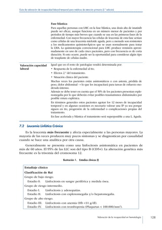 Valoración de la incapacidad en hematología 128
Guía de valoración de incapacidad laboral temporal para médicos de atención primaria (2.ª edición)
Fase blástica:
Para aquellas personas con LMC en la fase blástica, una dosis alta de imatinib
puede ser eficaz, aunque funciona en un número menor de pacientes y por
periodos de tiempo más breves que cuando se usa en las primeras fases de la
enfermedad. Con mayor frecuencia las células de leucemia de esta fase actúan
como células de una leucemia mieloide aguda, pero a menudo son resistentes
a los medicamentos quimioterÁpicos que se usan normalmente para tratar
la LMA. La quimioterapia convencional para LMC produce remisión aproxi-
madamente en uno de cada cinco pacientes, pero con frecuencia es de corta
duración. Si esto ocurre, puede ser la oportunidad para considerar algún tipo
de trasplante de células madre.
Valoración capacidad
laboral
Igual que en el resto de patologías vendrá determinada por:
•  Respuesta de la enfermedad al tto.
•  Efectos 2.º del tratamiento.
•  Situación clínica del paciente.
Muchas veces los pacientes están asintomáticos o con astenia, pérdida de
peso, dolor abdominal → lo que les incapacitará para tareas de esfuerzo mo-
derado-intenso.
Además se debe tener en cuenta que el 50% de los pacientes presentan esple-
nomegalia por lo que deberán evitar posibles traumatismos abdominales por
posible rotura esplénica.
En términos generales estos pacientes agotan los 12 meses de incapacidad
temporal y en algunas ocasiones es necesario valorar una IP ya sea porque
siguen en tto, progresión de la enfermedad o complicaciones propias del
tratamiento.
En fase acelerada y blástica el tratamiento será superponible a una L. Aguda.
7.2  Leucemia Linfática Crónica
Es la leucemia más frecuente y afecta especialmente a las personas mayores. La
mayoría de las veces producen muy pocos síntomas y se diagnostican por casualidad
cuando se hace una analítica por otra causa.
Generalmente se presenta como una linfocitosis asintomática en pacientes de
más de 60 años. El 95% de las LLC son del tipo B (CD5+). La alteración genética más
frecuente es la trisomía del cromosoma 12.
Ilustración 1.  Estadios clínicos (I)
Estadiaje clínico
Clasificación de Rai
Grupo de bajo riesgo.
  Estadio 0.	Linfocitosis en sangre periférica y medula ósea.
Grupo de riesgo intermedio.
  Estadio I.	 Linfocitosis y adenopatías.
  Estadio II. 	Linfocitosis con esplenomegalia y/o hepatomegalia.
Grupo de alto riesgo.
  Estadio III.	 Linfocitosis con anemia (Hb 11 g/dl).
  Estadio IV. 	Linfocitosis con trombopenia (Plaquetas  100.000/mm3
).
 