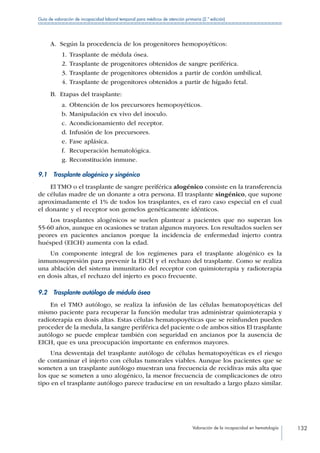 Valoración de la incapacidad en hematología 132
Guía de valoración de incapacidad laboral temporal para médicos de atención primaria (2.ª edición)
A.	 Según la procedencia de los progenitores hemopoyéticos:
1.	Trasplante de médula ósea.
2.	Trasplante de progenitores obtenidos de sangre periférica.
3.	Trasplante de progenitores obtenidos a partir de cordón umbilical.
4.	Trasplante de progenitores obtenidos a partir de hígado fetal.
B.	 Etapas del trasplante:
a.	Obtención de los precursores hemopoyéticos.
b.	Manipulación ex vivo del inoculo.
c.	 Acondicionamiento del receptor.
d.	Infusión de los precursores.
e.	Fase aplásica.
f.	 Recuperación hematológica.
g.	Reconstitución inmune.
9.1  Trasplante alogénico y singénico
El TMO o el trasplante de sangre periférica alogénico consiste en la transferencia
de células madre de un donante a otra persona. El trasplante singénico, que supone
aproximadamente el 1% de todos los trasplantes, es el raro caso especial en el cual
el donante y el receptor son gemelos genéticamente idénticos.
Los trasplantes alogénicos se suelen plantear a pacientes que no superan los
55-60 años, aunque en ocasiones se tratan algunos mayores. Los resultados suelen ser
peores en pacientes ancianos porque la incidencia de enfermedad injerto contra
huésped (EICH) aumenta con la edad.
Un componente integral de los regímenes para el trasplante alogénico es la
inmunosupresión para prevenir la EICH y el rechazo del trasplante. Como se realiza
una ablación del sistema inmunitario del receptor con quimioterapia y radioterapia
en dosis altas, el rechazo del injerto es poco frecuente.
9.2  Trasplante autólogo de médula ósea
En el TMO autólogo, se realiza la infusión de las células hematopoyéticas del
mismo paciente para recuperar la función medular tras administrar quimioterapia y
radioterapia en dosis altas. Estas células hematopoyéticas que se reinfunden pueden
proceder de la medula, la sangre periférica del paciente o de ambos sitios El trasplante
autólogo se puede emplear también con seguridad en ancianos por la ausencia de
EICH, que es una preocupación importante en enfermos mayores.
Una desventaja del trasplante autólogo de células hematopoyéticas es el riesgo
de contaminar el injerto con células tumorales viables. Aunque los pacientes que se
someten a un trasplante autólogo muestran una frecuencia de recidivas más alta que
los que se someten a uno alogénico, la menor frecuencia de complicaciones de otro
tipo en el trasplante autólogo parece traducirse en un resultado a largo plazo similar.
 