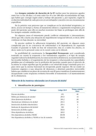 Valoración de la incapacidad en trastornos mentales 173
Guía de valoración de incapacidad laboral temporal para médicos de atención primaria (2.ª edición)
Los tiempos estándar de duración de la IT oscilan para los procesos agudos
entre los 4 a los 20 días y el resto entre los 45 a los 180 días recomendados de baja,
que habrá que corregir según edad y trabajo del paciente y, por supuesto, según la
evolución individual de cada proceso en un trabajador concreto con sus circunstancias
específicas.
En la práctica son procesos que se complican en la efectividad terapéutica, es
decir, acceso en tiempo y forma al tratamiento idóneo y seguimiento terapéutico por
parte del paciente; por ello en muchas ocasiones las bajas se prolongan más allá de
los tiempos estándar establecidos.
En algunos casos el tratamiento puede conllevar aislamiento o internamiento,
obvio que ello concita una situación de impedimento temporal laboral, es decir, debe
continuar en baja durante su necesidad.
Es preciso analizar la adherencia terapéutica del paciente en algunos casos
complicada por la no conciencia de enfermedad o la dependencia no superada
Cuando el paciente se halla en fase de reinserción, ésta es a todos los efectos, es
decir, tanto en lo personal como en lo social como en lo laboral.
La posibilidad de cuestionarse la Incapacidad Permanente será considerada
teniendo en cuenta la respuesta a los tratamientos seguidos y el tipo de terapia
seguida (valorar la deshabituación,la consecución de la abstinencia,su mantenimiento,
las recaídas habidas y el seguimiento de las terapias) y relacionando las capacidades
pérdidas por el trabajador con la profesión del paciente cuando para el ejercicio de
la misma se exijan aquellas que ha perdido o en virtud del riesgo concitada para sí o
para otros que la merma funcional no recuperada puede suponer. De no existir un
trastorno orgánico o una situación de demencia o deterioro psicótico irreversible
habría que establecer un plazo de revisión de esta IP para considerar el aminoramiento
incapacitante como respuesta evolutiva favorable al tratamiento o al mantenimiento
de la abstinencia.
Valoración de los trastornos relacionados con el consumo de alcohol
I.  Identificación de patologías:
Patología Código CIE-9
Tiempo estándar
(días)
Psicosis alcohólica
Delirio por abstinencia de alcohol
Otras demencias alcohólicas
Alucinosis por abstinencia de alcohol
Intoxicación alcohólica idiosincrásica
Síndrome de dependencia del alcohol
Intoxicación alcohólica aguda
Otras dependencias alcohólicas
Otra dependencia alcohólica NEOM
Otra dependencia alcohólica y NEOM en vías de remisión
291
291.0
291.2
291.3
291.4
303
303.0
303.9
303.90
303.93
60
14
60
10
4
4
4
4
4
4
 