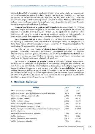 Valoración de la incapacidad en neurología 179
Guía de valoración de incapacidad laboral temporal para médicos de atención primaria (2.ª edición)
datos de focalidad neurológica. Mucho menos frecuente es la cefalea en trueno, que
se manifiesta con un dolor de cabeza extremo, de carácter explosivo, con máxima
intensidad en menos de un minuto y que dura de una hora a 10 días, y que no
recurre con regularidad en las siguientes semanas o meses. Antes de etiquetar una
cefalea como cefalea en trueno debe realizarse una búsqueda exhaustiva que descarte
un origen secundario del dolor de cabeza.
El dolor que despierta al paciente por la noche suele ser intenso. Las cefaleas
que con mayor frecuencia despiertan al paciente son las migrañas, la cefalea en
racimos y la cefalea por hipertensión intracraneal. La aparición de cefalea con las
maniobras de valsalva obliga a descartar procesos expansivos intracraneales o
malformaciones de la fosa posterior, como la malformación de Arnold-Chiari.
Ante una cefalea crónica, especialmente si el paciente describe diferentes tipos
de dolor, que se solapan, debe descartarse la cefalea por abuso de analgésicos. La
falta de respuesta a los tratamientos pautados también debe hacernos sospechar esta
etiología o bien un proceso intracraneal.
Un dolor de cabeza asociado a oftalmoplejia o a diplopía obliga a descartar un
proceso expansivo, aneurisma intracraneal, neuropatía diabética o migraña
oftalmopléjica; mientras que la coexistencia de cefalea y síndrome de Horner nos
debe hacer pensar en una cefalea en racimos, una hemicránea paroxística, un
síndrome de Tolosa-Hunt o una disección de carótida.
La presencia de edema de papila orienta a proceso expansivo intracraneal,
hidrocefalia o síndrome de hipertensión intracraneal benigno. Los cambios de
conducta o de carácter, las convulsiones o la focalidad neurológica sugieren un
proceso expansivo cerebral o una meningoencefalitis. La encefalitis herpética es
uno de los cuadros clínicos que siempre debemos tener en mente, dado su carácter
de enfermedad tratable y las graves repercusiones funcionales que puede condicionar
el retraso diagnóstico; de hecho, la mera sospecha de este proceso es suficiente
justificación para iniciar el tratamiento específico.
I.  Identificación de patologías
Patología CIE-9 CIE-10
Otros síndromes de cefalalgia. 339 G44
Cefaleas en brotes y otras cefalalgias autónomas del trigémino. 339.0 G44.0
Síndrome de cefalalgia, no especificado. 339.00 G44.009
Cefalea en brotes episódica. 339.01 G44.01
Cefalea en brotes crónica. 339.02 G44.02
Hemicránea (jaqueca) paroxística episódica. 339.03 G44.03
Hemicránea (jaqueca) paroxística crónica. 339.04 G44.04
Cefalea neuralgiforme unilateral de corta duración con inyección con-
juntival y lagrimeo.
339.05 G44.059
Otras cefalalgias autónomas del trigémino. 339.09 G44.09
Cefalea tipo tensión. 339.1 G44.2
Cefalea tipo tensión, no especificada. 339.10 G44.20
Cefalea tipo tensión episódica. 339.11 G44.21
 