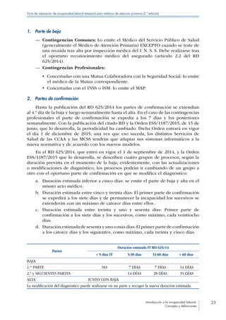 Introducción a la incapacidad laboral:
Concepto y definiciones
23
Guía de valoración de incapacidad laboral temporal para médicos de atención primaria (2.ª edición)
1.  Parte de baja
—— Contingencias Comunes: Lo emite el Médico del Servicio Público de Salud
(generalmente el Médico de Atención Primaria) EXCEPTO cuando se trate de
una recaída tras alta por inspección médica del I. N. S. S. Debe realizarse tras
el oportuno reconocimiento médico del asegurado (artículo 2.2 del RD
625/2014).
—— Contingencias Profesionales:
•  Concertadas con una Mutua Colaboradora con la Seguridad Social: lo emite
el médico de la Mutua correspondiente.
•  Concertadas con el INSS o ISM: lo emite el MAP.
2.  Partes de confirmación
Hasta la publicación del RD 625/2014 los partes de confirmación se extendían
al 4.º día de la baja y luego semanalmente hasta el alta. En el caso de las contingencias
profesionales el parte de confirmación se expedía a los 7 días y los posteriores
semanalmente. Con la publicación del citado RD y la Orden ESS/1187/2015, de 15 de
junio, que lo desarrolla, la periodicidad ha cambiado. Dicha Orden entrará en vigor
el día 1 de diciembre de 2015; una vez que eso suceda, los distintos Servicios de
Salud de las CCAA y las MCSS tendrán que adaptar sus sistemas informáticos a la
nueva normativa y de acuerdo con los nuevos modelos.
En el RD 625/2014, que entró en vigor el 1 de septiembre de 2014, y la Orden
ESS/1187/2015 que lo desarrolla, se describen cuatro grupos de procesos, según la
duración prevista en el momento de la baja; evidentemente, con las actualizaciones
o modificaciones de diagnóstico, los procesos podrán ir cambiando de un grupo a
otro con el oportuno parte de confirmación en que se modifica el diagnóstico:
a.	 Duración estimada inferior a cinco días: se emite el parte de baja y alta en el
mismo acto médico.
b.	 Duración estimada entre cinco y treinta días: El primer parte de confirmación
se expedirá a los siete días y de permanecer la incapacidad los sucesivos se
extenderán con un máximo de catorce días entre ellos.
c.	 Duración estimada entre treinta y uno y sesenta días: Primer parte de
confirmación a los siete días y los sucesivos, como máximo, cada veintiocho
días.
d.	 Duración estimada de sesenta y uno o más días: El primer parte de confirmación
a los catorce días y los siguientes, como máximo, cada treinta y cinco días.
Partes
Duración estimada IT RD 625/14
 5 días IT 5-30 días 31-60 días  60 días
BAJA
1.er
PARTE NO 7 DÍAS 7 DÍAS 14 DÍAS
2.º y SIGUIENTES PARTES 14 DÍAS 28 DÍAS 35 DÍAS
ALTA JUNTO CON BAJA
La modificación del diagnóstico puede realizarse en un parte y recoger la nueva duración estimada.
 