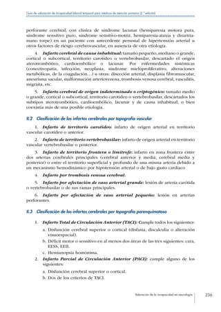 Valoración de la incapacidad en neurología 236
Guía de valoración de incapacidad laboral temporal para médicos de atención primaria (2.ª edición)
perforante cerebral, con clínica de síndrome lacunar (hemiparesia motora pura,
síndrome sensitivo puro, síndrome sensitivo-motriz, hemiparesia-ataxia y disartria-
mano torpe) en un paciente con antecedente personal de hipertensión arterial u
otros factores de riesgo cerebrovascular, en ausencia de otra etiología.
4.  Infarto cerebral de causa inhabitual: tamaño pequeño, mediano o grande,
cortical o subcortical, territorio carotídeo o vertebrobasilar, descartado el origen
aterotrombótico, cardioembólico o lacunar. Por enfermedades sistémicas
(conectivopatía, infección, neoplasia, síndrome mieloproliferativo, alteraciones
metabólicas, de la coagulación…) u otras: disección arterial, displasia fibromuscular,
aneurisma sacular, malformación arteriovenosa, trombosis venosa cerebral, vasculitis,
migraña, etc.
5.  Infarto cerebral de origen indeterminado o criptogénico: tamaño medio
o grande, cortical o subcortical, territorio carotídeo o vertebrobasilar, descartados los
subtipos aterotrombótico, cardioembólico, lacunar y de causa inhabitual, o bien
coexistía más de una posible etiología.
II.2  Clasificación de los infartos cerebrales por topografía vascular
1.  Infarto de territorio carotídeo: infarto de origen arterial en territorio
vascular carotídeo o anterior.
2.  Infarto de territorio vertebrobasilar: infarto de origen arterial en territorio
vascular vertebrobasilar o posterior.
3.  Infarto de territorio frontera o limítrofe: infarto en zona frontera entre
dos arterias cerebrales principales (cerebral anterior y media, cerebral media y
posterior) o entre el territorio superficial y profundo de una misma arteria debido a
un mecanismo hemodinámico por hipotensión arterial o de bajo gasto cardiaco
4.  Infarto por trombosis venosa cerebral.
5.  Infarto por afectación de vaso arterial grande: lesión de arteria carótida
o vertebrobasilar o de sus ramas principales.
6.  Infarto por afectación de vaso arterial pequeño: lesión en arterias
perforantes.
II.3  Clasificación de los infartos cerebrales por topografía parenquimatosa
1.  Infarto Total de Circulación Anterior (TACI): Cumple todos los siguientes:
a.	Disfunción cerebral superior o cortical (disfasia, discalculia o alteración
visuoespacial).
b.	Déficit motor o sensitivo en al menos dos áreas de las tres siguientes: cara,
EESS, EEII.
c.	Hemianopsia homónima.
2. Infarto Parcial de Circulación Anterior (PACI): cumple alguno de los
siguientes:
a.	Disfunción cerebral superior o cortical.
b.	Dos de los criterios de TACI.
 