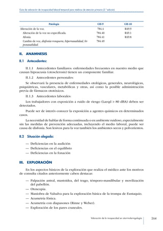 Valoración de la incapacidad en otorrinolaringología 264
Guía de valoración de incapacidad laboral temporal para médicos de atención primaria (2.ª edición)
Patología CIE-9 CIE-10
Alteración de la voz.
  Alteración de la voz no especificada.
 Afonía.
 Cambio de voz, disfonía ronquera, hipernasalidad, hi-
ponasalidad.
784.4
784.40
784.41
784.49
R49.9
R49.1
R49.8
II. ANAMNESIS
II.1 Antecedentes:
II.1.1 Antecedentes familiares: enfermedades frecuentes en nuestro medio que
causan hipoacusia (otosclerosis) tienen un componente familiar.
II.1.2 Antecedentes personales:
Se observará la presencia de enfermedades otológicas, generales, neurológicas,
psiquiátricas, vasculares, metabólicas y otras, así como la posible administración
previa de fármacos ototóxicos.
II.1.3  Antecedentes laborales:
Los trabajadores con exposición a ruido de riesgo (Laeqd  80 dBA) deben ser
detectados.
Puede ser de interés conocer la exposición a agentes químicos en determinados
casos.
La necesidad de hablar de forma continuada o en ambiente ruidoso, especialmente
sin las medidas de prevención adecuadas, incluyendo el medio laboral, puede ser
causa de disfonía. Son lesivos para la voz también los ambientes secos y polvorientos.
II.2  Situación alegada:
—— Deficiencias en la audición
—— Deficiencias en el equilibrio
—— Deficiencias en la fonación
III. EXPLORACIÓN
En los aspectos básicos de la exploración que realiza el médico ante los motivos
de consulta citados anteriormente caben destacar:
—— Palpación antral, mastoidea, del trago, témporo-mandibular y movilización
del pabellón.
—— Otoscopia.
—— Maniobra de Valsalva para la exploración básica de la trompa de Eustaquio.
—— Acumetría fónica.
—— Acumetría con diapasones (Rinne y Weber).
—— Exploración de los pares craneales.
 