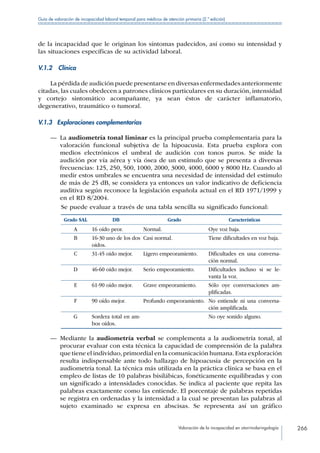 Valoración de la incapacidad en otorrinolaringología 266
Guía de valoración de incapacidad laboral temporal para médicos de atención primaria (2.ª edición)
de la incapacidad que le originan los síntomas padecidos, así como su intensidad y
las situaciones específicas de su actividad laboral.
V.1.2 Clínica
La pérdida de audición puede presentarse en diversas enfermedades anteriormente
citadas, las cuales obedecen a patrones clínicos particulares en su duración, intensidad
y cortejo sintomático acompañante, ya sean éstos de carácter inflamatorio,
degenerativo, traumático o tumoral.
V.1.3  Exploraciones complementarias
—— La audiometría tonal liminar es la principal prueba complementaria para la
valoración funcional subjetiva de la hipoacusia. Esta prueba explora con
medios electrónicos el umbral de audición con tonos puros. Se mide la
audición por vía aérea y vía ósea de un estímulo que se presenta a diversas
frecuencias: 125, 250, 500, 1000, 2000, 3000, 4000, 6000 y 8000 Hz. Cuando al
medir estos umbrales se encuentra una necesidad de intensidad del estímulo
de más de 25 dB, se considera ya entonces un valor indicativo de deficiencia
auditiva según reconoce la legislación española actual en el RD 1971/1999 y
en el RD 8/2004.
Se puede evaluar a través de una tabla sencilla su significado funcional:
Grado SAL DB Grado Características
A 16 oído peor. Normal. Oye voz baja.
B 16-30 uno de los dos
oídos.
Casi normal. Tiene dificultades en voz baja.
C 31-45 oído mejor. Ligero empeoramiento. Dificultades en una conversa-
ción normal.
D 46-60 oído mejor. Serio empeoramiento. Dificultades incluso si se le-
vanta la voz.
E 61-90 oído mejor. Grave empeoramiento. Sólo oye conversaciones am-
plificadas.
F 90 oído mejor. Profundo empeoramiento. No entiende ni una conversa-
ción amplificada.
G Sordera total en am-
bos oídos.
No oye sonido alguno.
—— Mediante la audiometría verbal se complementa a la audiometría tonal, al
procurar evaluar con esta técnica la capacidad de comprensión de la palabra
que tiene el individuo,primordial en la comunicación humana.Esta exploración
resulta indispensable ante todo hallazgo de hipoacusia de percepción en la
audiometría tonal. La técnica más utilizada en la práctica clínica se basa en el
empleo de listas de 10 palabras bisilábicas, fonéticamente equilibradas y con
un significado a intensidades conocidas. Se indica al paciente que repita las
palabras exactamente como las entiende. El porcentaje de palabras repetidas
se registra en ordenadas y la intensidad a la cual se presentan las palabras al
sujeto examinado se expresa en abscisas. Se representa así un gráfico
 