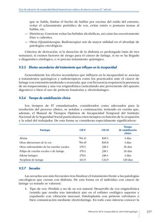 Valoración de la incapacidad en otorrinolaringología 277
Guía de valoración de incapacidad laboral temporal para médicos de atención primaria (2.ª edición)
que se habla, limitar el hecho de hablar por encima del ruido del entorno,
evitar el aclaramiento periódico de voz, evitar estrés o posturas tensas al
hablar, etc.
—— Dietéticas: Conviene evitar las bebidas alcohólicas, así como las excesivamente
frías o calientes.
—— Otras (Quimioterapia, Radioterapia) son de mayor utilidad en el abordaje de
patologías oncológicas.
Criterios de derivación: si la duración de la disfonía es prolongada (más de tres
semanas), si existen factores de riesgo para el cáncer de laringe, si no se ha llegado
a diagnóstico etiológico, o si precisa tratamiento quirúrgico.
V.3.5  Efectos secundarios del tratamiento que influyen en la incapacidad
Generalmente los efectos secundarios que influyen en la incapacidad se asocian
a tratamientos quirúrgicos y radioterápicos como los practicados ante el cáncer de
laringe con extensión moderada o avanzada, que con frecuencia requieren la presencia
de un traqueostoma y una voz erigmofónica (articulando aire proveniente del aparato
digestivo) o bien el uso de prótesis fonatorias y electrolaringes.
V.3.6  Tiempo de estabilización clínica
Los tiempos de IT estandarizados, considerados como adecuados para la
resolución del proceso clínico, se señalan a continuación, teniendo en cuenta que,
además, el Manual de Tiempos Óptimos de Incapacidad Temporal del Instituto
Nacional de la Seguridad Social particulariza estos tiempos en función de la ocupación
y la edad del trabajador. De esta forma se consideran especialmente significativos:
Patología CIE-9 CIE-10
Tiempo
de estabilización
clínica
Afonía. 784.41 R49.1 4 días
Otras alteraciones de la voz. 784.49 R49.8 4 días
Otras enfermedades de las cuerdas vocales. 478.5 J38.3 30 días
Pólipo de cuerdas vocales o de laringe. 478.4 J38.1 20 días
Edema laríngeo. 478.6 J38.4 4 días
Neoplasia de laringe. 161.9 C32.9 120 días
V.3.7 Secuelas
Las secuelas son más frecuentes tras finalizar el tratamiento frente a las patologías
oncológicas que cursan con disfonía. De esta forma en el individuo con cáncer de
laringe ya tratado se valorará:
1.	 Tipo de voz: Pérdida o no de su voz natural. Desarrollo de voz erigmofónica
(sonido que resulta tras introducir aire en el esfínter esofágico superior y
expulsarlo con vibración mucosa), fistuloplastia con prótesis valvulares o
bien comunicación mediante electrolaringe. En todo caso interesa conocer la
 