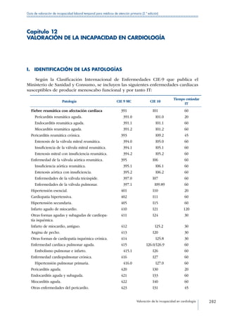 Valoración de la incapacidad en cardiología 282
Guía de valoración de incapacidad laboral temporal para médicos de atención primaria (2.ª edición)
Capítulo 12
VALORACIÓN DE LA INCAPACIDAD EN CARDIOLOGÍA
I.  IDENTIFICACIÓN DE LAS PATOLOGÍAS
Según la Clasificación Internacional de Enfermedades CIE-9 que publica el
Ministerio de Sanidad y Consumo, se incluyen las siguientes enfermedades cardiacas
susceptibles de producir menoscabo funcional y por tanto IT:
Patología CIE 9 MC CIE 10
Tiempo estándar
IT
Fiebre reumática con afectación cardiaca 391 I01 60
  Pericarditis reumática aguda.   391.0    I01.0 20
  Endocarditis reumática aguda.   391.1    I01.1 60
  Miocarditis reumática aguda.   391.2    I01.2 60
Pericarditis reumática crónica. 393    I09.2 45
  Estenosis de la válvula mitral reumática.   394.0    I05.0 60
  Insuficiencia de la válvula mitral reumática.   394.1    I05.1 60
  Estenosis mitral con insuficiencia reumática.   394.2    I05.2 60
Enfermedad de la válvula aórtica reumática. 395 I06 60
  Insuficiencia aórtica reumática.   395.1    I06.1 60
  Estenosis aórtica con insuficiencia.   395.2    I06.2 60
  Enfermedades de la válvula tricúspide.   397.0 I07 60
  Enfermedades de la válvula pulmonar.   397.1    I09.89 60
Hipertensión esencial. 401 I10 20
Cardiopatía hipertensiva. 402 I11 60
Hipertensión secundaria. 405 I15 60
Infarto agudo de miocardio. 410 I21 120
Otras formas agudas y subagudas de cardiopa-
tía isquémica.
411 I24 30
Infarto de miocardio, antiguo. 412   I25.2 30
Angina de pecho. 413 I20 30
Otras formas de cardiopatía isquémica crónica. 414    I25.8 30
Enfermedad cardiaca pulmonar aguda. 415 I26.0/I26.9 60
  Embolismo pulmonar e infarto.   415.1 I26 60
Enfermedad cardiopulmonar crónica. 416 I27 60
  Hipertensión pulmonar primaria.   416.0    I27.0 60
Pericarditis aguda. 420 I30 20
Endocarditis aguda y subaguda. 421 I33 60
Miocarditis aguda. 422 I40 60
Otras enfermedades del pericardio. 423 I31 45
 