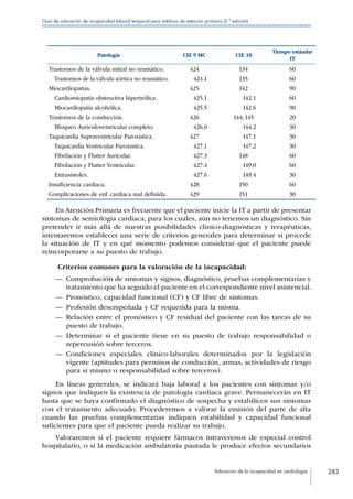 Valoración de la incapacidad en cardiología 283
Guía de valoración de incapacidad laboral temporal para médicos de atención primaria (2.ª edición)
Patología CIE 9 MC CIE 10
Tiempo estándar
IT
Trastornos de la válvula mitral no reumático. 424 I34 60
  Trastornos de la válvula aórtica no reumático.   424.1 I35 60
Miocardiopatías. 425 I42 90
  Cardiomiopatía obstructiva hipertrófica.   425.1   I42.1 60
  Miocardiopatía alcohólica.   425.5   I42.6 90
Trastornos de la conducción. 426 I44; I45 20
  Bloqueo Auriculoventricular completo.   426.0   I44.2 30
Taquicardia Supraventricular Paroxística. 427   I47.1 30
  Taquicardia Ventricular Paroxística.   427.1   I47.2 30
  Fibrilación y Flutter Auricular.   427.3 I48 60
  Fibrilación y Flutter Ventricular.   427.4   I49.0 60
 Extrasístoles.   427.6   I49.4 30
Insuficiencia cardíaca. 428 I50 60
Complicaciones de enf. cardiaca mal definida. 429 I51 30
En Atención Primaria es frecuente que el paciente inicie la IT a partir de presentar
síntomas de semiología cardiaca, para los cuales, aún no tenemos un diagnóstico. Sin
pretender ir más allá de nuestras posibilidades clínico-diagnósticas y terapéuticas,
intentaremos establecer una serie de criterios generales para determinar si procede
la situación de IT y en qué momento podemos considerar que el paciente puede
reincorporarse a su puesto de trabajo.
Criterios comunes para la valoración de la incapacidad:
—— Comprobación de síntomas y signos, diagnóstico, pruebas complementarias y
tratamiento que ha seguido el paciente en el correspondiente nivel asistencial.
—— Pronóstico, capacidad funcional (CF) y CF libre de síntomas.
—— Profesión desempeñada y CF requerida para la misma.
—— Relación entre el pronóstico y CF residual del paciente con las tareas de su
puesto de trabajo.
—— Determinar si el paciente tiene en su puesto de trabajo responsabilidad o
repercusión sobre terceros.
—— Condiciones especiales clínico-laborales determinados por la legislación
vigente (aptitudes para permisos de conducción, armas, actividades de riesgo
para sí mismo o responsabilidad sobre terceros).
En líneas generales, se indicará baja laboral a los pacientes con síntomas y/o
signos que indiquen la existencia de patología cardiaca grave. Permanecerán en IT
hasta que se haya confirmado el diagnóstico de sospecha y estabilicen sus síntomas
con el tratamiento adecuado. Procederemos a valorar la emisión del parte de alta
cuando las pruebas complementarias indiquen estabilidad y capacidad funcional
suficientes para que el paciente pueda realizar su trabajo.
Valoraremos si el paciente requiere fármacos intravenosos de especial control
hospitalario, o si la medicación ambulatoria pautada le produce efectos secundarios
 