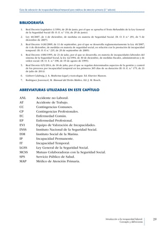 Introducción a la incapacidad laboral:
Concepto y definiciones
29
Guía de valoración de incapacidad laboral temporal para médicos de atención primaria (2.ª edición)
BIBLIOGRAFÍA
 1.	 Real Decreto Legislativo 1/1994, de 20 de junio, por el que se aprueba el Texto Refundido de la Ley General
de la Seguridad Social (B. O. E. n.º 154, de 29 de junio).
 2.	 Ley 40/2007, de 4 de diciembre, de medidas en materia de Seguridad Social. (B. O. E n.º 291, de 5 de
diciembre de 2007).
 3.	 Real Decreto 1430/2009, de 11 de septiembre, por el que se desarrolla reglamentariamente la Ley 40/2007,
de 4 de diciembre, de medidas en materia de seguridad social, en relación con la prestación de incapacidad
temporal. (B. O. E n.º 235, de 29 de septiembre de 2009).
 4.	 Real Decreto 1300/1995, de 21 de julio, por el que se desarrolla, en materia de incapacidades laborales del
sistema de la Seguridad Social, la ley 42/1994, de 30 de diciembre, de medidas fiscales, administrativas y de
orden social. (B. O. E. n.º 198, de 19 de agosto de 1995).
 5.	 Real Decreto 625/2014, de 18 de julio, por el que se regulan determinados aspectos de la gestión y control
de los procesos por incapacidad temporal en los primeros 365 días de su duración (B. O. E. n.º 175, de 21
de julio de 2014).
 6.	 Gisbert Calabuig, J. A. Medicina Legal y toxicología. Ed. Elsevier Masson.
 7.	 Rodríguez Jouvencel, M. Manual del Perito Médico. Ed. J. M. Bosch.
ABREVIATURAS UTILIZADAS EN ESTE CAPÍTULO
ANL Accidente no Laboral.
AT Accidente de Trabajo.
CC Contingencias Comunes.
CP Contingencias Profesionales.
EC Enfermedad Común.
EP Enfermedad Profesional.
EVI Equipo de Valoración de Incapacidades.
INSS Instituto Nacional de la Seguridad Social.
ISM Instituto Social de la Marina.
IP Incapacidad Permanente.
IT Incapacidad Temporal.
LGSS Ley General de la Seguridad Social.
MCSS Mutuas Colaboradoras con la Seguridad Social.
SPS Servicio Público de Salud.
MAP Médico de Atención Primaria.
 