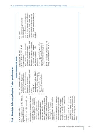 Valoración de la incapacidad en cardiología 303
Guía de valoración de incapacidad laboral temporal para médicos de atención primaria (2.ª edición)
VI.6.2 Diagnósticodelasmiocardiopatías:Pruebascomplementarias
Pruebascomplementariasbásicas
ECOCARDIOGRAFÍA:
DefinelospatronesdelaMC:Dilatada,
Hipertrófica,Restrictiva.
EvalúaFEVI,convalorfuncionalypro-
nóstico.
Puedeorientareldiagnósticoetiológico:
•	EnMCH:Hipertrofiaconcéntrica
enenf.metabólicaseinfiltrativas.
Hipertrofiaseptalasimétrica
concurvaturaseptalinvertida
enmutacionesdeproteína
sarcomérica.Altdelafunción
sistólicaprogresivaenpacientes
conHVIorientaaenfmitocondrial
enjóvenes,yaamiloidosis
yEnfermedaddeFabryen
mayores.Imagengranularsugiere
amiloidosis.
ELECTROCARDIOGRAFÍA(ECG):
--Puedeorientareldiagnóstico
etiológico,odetectararritmias
quecausandescompensacióno
empeoranelpronóstico.
--Arritmiasfrecuentesosignificativas
enMC:
•	BloqueoAV.
•	AlteracionesdelvoltajedelQRS
(muyelevadoodisminuido).
•	AcortamientodelintervaloPR.
•	Patronesdepseudoinfarto.
•	Otras.
PECONVENCIONALCON
PROTOCOLOSSUAVESOPENO
CONVENCIONAL:
--Paradetectarisquemiamiocárdica
reversible,paraayudarenla
prescripcióndeejerciciofísico,para
evaluacióndepacientescandidatos
atrasplantecardiacoysoporte
circulatoriomecánico,yvalor
pronóstico.
--Avecesimprescindibleparavalorar
casosdeMCHconobstrucciónal
TSVIsóloconelejercicio,ynoen
reposo.
--Puedeservirenlaestratificacióndel
riesgodeMuerteSúbita(enMCH).
ANALÍTICA:
--Ck,funciónrenal,proteinuria,
funciónhepática.
--Otrasrecomendadassegúnelpatrón
delaMCparaorientareldiagnóstico
etiológico,yentodaslasMCpara
valorarcausasdedescompensación
cardiaca(comoanemiaoenfermedad
tiroidea).
•	EnMCD:disquinesiaenzonasque
nocoincidenconterritoriosdelas
arteriascoronariascongrosores
normalesenparedesmiocárdicas
sevenenmiocarditisyalgunaMCD
familiar.
•	EnMiocarditis:Puedesernormal.
UnadisfuncióndelVI,aumentodel
grosorenparedesmiocárdicascon
dilataciónlevepuedeenmiocarditis
aguda.
 