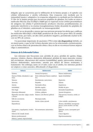 Valoración de la incapacidad en aparato digestivo 405
Guía de valoración de incapacidad laboral temporal para médicos de atención primaria (2.ª edición)
delgado, que se caracteriza por la infiltración de la lámina propia y el epitelio con
células inflamatorias y atrofia vellositaria. Esta respuesta está mediada por la
inmunidad innata y adaptativa. La respuesta adaptativa es mediada por los linfocitos
T CD+ de la lámina propia que reconocen péptidos de gliadina, los cuales se unen a
moléculas HLA de clase II (DQ2 o DQ8) que se expresan en las células presentadoras
de antígeno; las células T posteriormente producen citocinas proinflamatorias, en
particular interferón γ. La enzima transglutaminasa tisular desamida los péptidos de
gliadina en el intestino, aumentando su inmunogenicidad.
La EC no se desarrolla a menos que una persona presente los alelos que codifican
las moléculas HLA-DQ2 o HLA-DQ8, productos de dos de los genes HLA. El estudio
genético tiene, por tanto, un alto valor predictivo negativo, permitiendo excluir la EC
con un 99% de certeza.
Un porcentaje importante de pacientes (75%) están sin diagnosticar debido, en
su mayor parte, a que la Enf. Celiaca durante años se ha relacionado, exclusivamente,
con su forma clásica de presentación clínica. Hoy en día se reconocen formas atípicas
oligo o asintomáticas.
Síntomas de la Enfermedad Celiaca
Los síntomas más frecuentes son: pérdida de peso, pérdida de apetito, fatiga,
náuseas, vómitos, diarrea, distensión abdominal, pérdida de masa muscular, retraso
del crecimiento, alteraciones del carácter (irritabilidad, apatía, introversión, tristeza),
dolores abdominales, meteorismo, anemia por déficit de hierro resistentes a
tratamiento. Sin embargo, tanto en el niño como en el adulto, los síntomas pueden
ser atípicos o estar ausentes, dificultando el diagnóstico.
Infancia Adolescencia Adulto
Vómitos. Anemia ferropénica. Diarrea malabsortiva.
Diarreas fétidas, abundantes y gra-
sosas.
Dolor abdominal Diarrea malabsor-
tiva.
Apatía Irritabilidad.
Náuseas. Estreñimiento, meteorismo. Depresión.
Anorexia. Hepatitis. Astenia.
Astenia. Estomatitis aftosa. Inapetencia.
Irritabilidad. Queilitis angular. Pérdida de peso.
Pelo frágil. Dermatitis atópica. Dermatitis herpetiforme.
Distensión abdominal. Cefaleas, epilepsia. Anemia ferropénica.
Hipotrofia muscular: nalgas, muslos
y brazos.
Estatura corta Retraso puberal. Osteoporosis, fracturas, artritis, ar-
tralgias.
Fallo de crecimiento. Menarquia tardía.
Introversión. Artritis crónica juvenil. Colon irritable, estreñimiento.
Dependencia. Abortos, infertilidad, menopausia
precoz, recién nacidos con bajo
peso.
Leucopenia, coagulopatías, trombo-
citosis.
Frecuentemente asintomática. Epilepsia, ataxia, neuropatías peri-
féricas.
Defectos del esmalte dental. Cáncer digestivo.
Retraso pondoestatural. Hipertransaminemia.
Dislexia, autismo, hiperactividad.
 