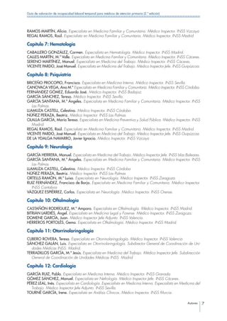 Autores 7
Guía de valoración de incapacidad laboral temporal para médicos de atención primaria (2.ª edición)
RAMOS MARTÍN, Alicia. Especialista en Medicina Familiar y Comunitaria. Médico Inspector. INSS Vizcaya
REGAL RAMOS, Raúl. Especialista en Medicina Familiar y Comunitaria. Médico Inspector. INSS Madrid
Capítulo 7: Hematología
CABALLERO GONZÁLEZ, Carmen. Especialista en Hematología. Médico Inspector. INSS Madrid.
CALLES MARTÍN, M.ª Valle. Especialista en Medicina Familiar y Comunitaria. Médico Inspector. INSS Cáceres.
SERENO MARTÍNEZ, Manuel. Especialista en Medicina del Trabajo. Médico Inspector. INSS Cáceres.
VICENTE PARDO, José Manuel. Especialista en Medicina del Trabajo. Médico Inspector Jefe. INSS Guipúzcoa.
Capítulo 8: Psiquiatría
BRICEÑO PROCOPIO, Francisco. Especialista en Medicina Interna. Médico Inspector. INSS Sevilla.
CANOVACA VEGA, Ana M.ª Especialista en Medicina Familiar y Comunitaria. Médico Inspector. INSS Córdoba.
FERNÁNDEZ GÓMEZ, Eduardo José. Médico Inspector. INSS Badajoz.
GARCÍA SÁNCHEZ, Teresa. Médico Inspector. INSS Sevilla.
GARCÍA SANTANA, M.ª Ángeles. Especialista en Medicina Familiar y Comunitaria. Médico Inspector. INSS
Las Palmas.
LLAMUZA CASTELL, Celestina. Médico Inspector. INSS Córdoba.
NÚÑEZ PERAZA, Beatriz. Médico Inspector. INSS Las Palmas.
OLALLA GARCÍA, María Teresa. Especialista en Medicina Preventiva y Salud Pública. Médico Inspector. INSS
Madrid.
REGAL RAMOS, Raúl. Especialista en Medicina Familiar y Comunitaria. Médico Inspector. INSS Madrid.
VICENTE PARDO, José Manuel. Especialista en Medicina del Trabajo. Médico Inspector Jefe. INSS Guipúzcoa.
DE LA YDALGA NAVARRO, Javier Ignacio. Médico Inspector. INSS Vizcaya
Capítulo 9: Neurología
GARCÍA HERRERA, Manuel. Especialista en Medicina del Trabajo. Médico Inspector Jefe. INSS Islas Baleares.
GARCÍA SANTANA, M.ª Ángeles. Especialista en Medicina Familiar y Comunitaria. Médico Inspector. INSS
Las Palmas
LLAMUZA CASTELL, Celestina. Médico Inspector. INSS Córdoba
NÚÑEZ PERAZA, Beatriz. Médico Inspector. INSS Las Palmas
ORTELLS RAMÓN, M.ª Luisa. Especialista en Neurología. Médico Inspector. INSS Zaragoza.
RUIZ FERNÁNDEZ, Francisco de Borja. Especialista en Medicina Familiar y Comunitaria. Médico Inspector.
INSS Cantabria
VÁZQUEZ ESPIÉRREZ, Carlos. Especialista en Neurología. Médico Inspector. INSS Orense.
Capítulo 10: Oftalmología
CASTAÑÓN RODRÍGUEZ, M.ª Amparo. Especialista en Oftalmología. Médico Inspector. INSS Madrid.
BITRIÁN LARDIÉS, Ángel. Especialista en Medicina Legal y Forense. Médico Inspector. INSS Zaragoza.
DOMENE GARCÍA, Juan. Médico Inspector Jefe Adjunto. INSS Valencia.
HERREROS PORTOLÉS, Gema. Especialista en Oftalmología. Médico Inspector. INSS Madrid.
Capítulo 11: Otorrinolaringología
CUBERO ROVERA, Teresa. Especialista en Otorrinolaringología. Médico Inspector. INSS Valencia
SÁNCHEZ GALÁN, Luis. Especialista en Otorrinolaringología. Subdirector General de Coordinación de Uni-
dades Médicas INSS. Madrid.
TERRADILLOS GARCÍA, M.ª Jesús. Especialista en Medicina del Trabajo. Médico Inspector Jefe. Subdirección
General de Coordinación de Unidades Médicas INSS. Madrid
Capítulo 12: Cardiología
GARCÍA RUIZ, Pablo. Especialista en Medicina Interna. Médico Inspector. INSS Granada.
GÓMEZ SÁNCHEZ, Manuel. Especialista en Nefrología. Médico Inspector Jefe. INSS Cáceres.
PÉREZ LEAL, Inés. Especialista en Cardiología. Especialista en Medicina Interna. Especialista en Medicina del
Trabajo. Médico Inspector Jefe Adjunto. INSS Sevilla.
TOURNÉ GARCÍA, Irene. Especialista en Análisis Clínicos. Médico Inspector. INSS Murcia.
 
