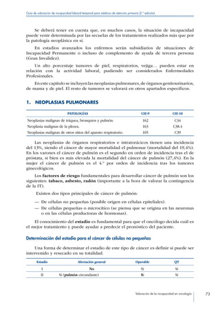 Valoración de la incapacidad en oncología 73
Guía de valoración de incapacidad laboral temporal para médicos de atención primaria (2.ª edición)
Se deberá tener en cuenta que, en muchos casos, la situación de incapacidad
puede venir determinada por las secuelas de los tratamientos realizados más que por
la patología neoplásica en sí.
En estadios avanzados los enfermos serán subsidiarios de situaciones de
Incapacidad Permanente o incluso de complemento de ayuda de tercera persona
(Gran Invalidez).
Un alto porcentaje tumores de piel, respiratorios, vejiga… pueden estar en
relación con la actividad laboral, pudiendo ser considerados Enfermedades
Profesionales.
En este capítulo se incluyen las neoplasias pulmonares,de órganos genitourinarios,
de mama y de piel. El resto de tumores se valorará en otros apartados específicos.
1.  NEOPLASIAS PULMONARES
PATOLOGÍAS CIE-9 CIE-10
Neoplasias malignas de tráquea, bronquios y pulmón. 162 C34
Neoplasia malignas de la pleura. 163 C38.4
Neoplasias malignas de otros sitios del aparato respiratorio. 165 C39
Las neoplasias de órganos respiratorios e intratorácicos tienen una incidencia
del 13%, siendo el cáncer de mayor mortalidad el pulmonar (mortalidad del 19,4%).
En los varones el cáncer de pulmón es el segundo en orden de incidencia tras el de
próstata, si bien es más elevada la mortalidad del cáncer de pulmón (27,4%). En la
mujer el cáncer de pulmón es el 4.º por orden de incidencia tras los tumores
ginecológicos.
Los factores de riesgo fundamentales para desarrollar cáncer de pulmón son los
siguientes: tabaco, asbesto, radón (importante a la hora de valorar la contingencia
de la IT).
Existen dos tipos principales de cáncer de pulmón:
—— De células no pequeñas (posible origen en células epiteliales).
—— De células pequeñas o microcítico (se piensa que se origina en las neuronas
o en las células productoras de hormonas).
El conocimiento del estadio es fundamental para que el oncólogo decida cuál es
el mejor tratamiento y puede ayudar a predecir el pronóstico del paciente.
Determinación del estadio para el cáncer de células no pequeñas
Una forma de determinar el estadio de este tipo de cáncer es definir si puede ser
intervenido y resecado en su totalidad.
Estadio Afectación general Operable QT
I No Sí Sí
II Sí (pulmón circundante) Sí Sí
 