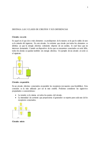 1
DISTINGA LAS 3 CLASES DE CIRUITOS Y SUS DIFERENCIAS
Circuito en serie
Es aquel en el que dos o más elementos se predisponen de la manera en la que la salida de uno
es la entrada del siguiente. En este circuito, la corriente que circula por todos los elementos es
idéntica ya que la energía eléctrica solamente dispone de un camino, lo cual hace que no
interesen demasiado. Cuando un dispositivo de los que se encuentran conectados en serie falla,
todos los demás se quedan también sin energía eléctrica. Un ejemplo de un circuito en serie es
el siguiente:
Circuito en paralelo
En un circuito eléctrico conectados en paralelo los receptores (en nuestro caso bombillas). Esta
conexión es la más utilizada por ser la más estable. Podemos considerar las siguientes
propiedades o características:
 La tensión es la misma en todos los puntos del circuito.
 La intensidad de corriente que proporciona el generador se reparte para cada uno de los
receptores conectados.
Circuito mixto
 