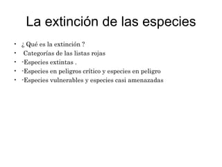 La extinción de las especies ¿ Qué es la extinción ? Categorías de las listas rojas -Especies extintas . -Especies en peligros crítico y especies en peligro -Especies vulnerables y especies casi amenazadas 