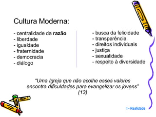 - centralidade da  razão - liberdade - igualdade - fraternidade - democracia - diálogo I - Realidade - busca da felicidade - transparência - direitos individuais - justiça - sexualidade - respeito à diversidade “ Uma Igreja que não acolhe esses valores encontra dificuldades para evangelizar os jovens” (13) Cultura Moderna: 