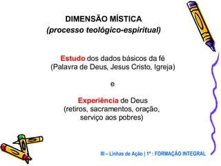 Estudo  dos dados básicos da fé (Palavra de Deus, Jesus Cristo, Igreja) e Experiência  de Deus (retiros, sacramentos, oração,  serviço aos pobres)  DIMENSÃO MÍSTICA (processo teológico-espiritual) III – Linhas de Ação | 1ª : FORMAÇÃO INTEGRAL 