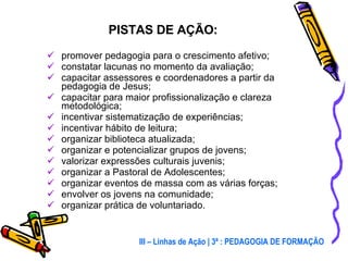 promover pedagogia para o crescimento afetivo; constatar lacunas no momento da avaliação; capacitar assessores e coordenadores a partir da pedagogia de Jesus; capacitar para maior profissionalização e clareza metodológica; incentivar sistematização de experiências; incentivar hábito de leitura; organizar biblioteca atualizada; organizar e potencializar grupos de jovens; valorizar expressões culturais juvenis; organizar a Pastoral de Adolescentes; organizar eventos de massa com as várias forças; envolver os jovens na comunidade; organizar prática de voluntariado. PISTAS DE AÇÃO: III – Linhas de Ação | 3ª : PEDAGOGIA DE FORMAÇÃO 
