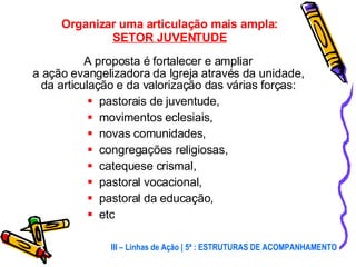 Organizar uma articulação mais ampla: SETOR JUVENTUDE A proposta é fortalecer e ampliar  a ação evangelizadora da Igreja através da unidade,  da articulação e da valorização das várias forças:   pastorais de juventude,  movimentos eclesiais,  novas comunidades,  congregações religiosas,  catequese crismal,  pastoral vocacional,  pastoral da educação,  etc III – Linhas de Ação | 5ª : ESTRUTURAS DE ACOMPANHAMENTO 