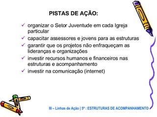 organizar o Setor Juventude em cada Igreja particular capacitar assessores e jovens para as estruturas garantir que os projetos não enfraqueçam as lideranças e organizações investir recursos humanos e financeiros nas estruturas e acompanhamento investir na comunicação (internet) PISTAS DE AÇÃO: III – Linhas de Ação | 5ª : ESTRUTURAS DE ACOMPANHAMENTO 