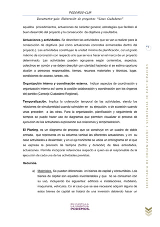 PODEMOS-CLM
Documento-guía: Elaboración de proyectos “Casas Ciudadanas”
SECRETARIADEORGANIZACIÓNYSECRETARIADEPARTICIPACIÓN
7
aquellos procedimientos, actuaciones de carácter general, estrategias que faciliten el
buen desarrollo del proyecto y la consecución de objetivos y resultados.
Actuaciones y actividades. Se describen las actividades que se van a realizar para la
consecución de objetivos (así como actuaciones concretas enmarcadas dentro del
proyecto.). Las actividades constituyen la unidad mínima de planificación, con el grado
máximo de concreción con respecto a lo que se va a hacer en el marco de un proyecto
determinado. Las actividades pueden agruparse según contenidos, aspectos,
colectivos en común y se deben describir con claridad haciendo si se estima oportuno
alusión a personas responsables, tiempo, recursos materiales y técnicos, lugar,
condiciones de acceso, tareas, etc.
Organización interna y coordinación externa. Indicar aspectos de coordinación y
organización interna así como la posible colaboración y coordinación con los órganos
del partido (Consejo Ciudadano Regional).
Temporalización. Implica la ordenación temporal de las actividades, siendo los
relaciones de simultaneidad cuando coinciden en su ejecución, o de sucesión cuando
unas preceden a las otras. Para la organización, planificación y seguimiento de
tiempos se puede hacer uso de diagramas que permiten visualizar el proceso de
ejecución de las actividades expresando sus relaciones y temporalización.
El Planing, es un diagrama de proceso que se construye en un cuadro de doble
entrada, que representa en su columna vertical las diferentes actuaciones, y en su
caso actividades a desarrollar, y en el eje horizontal se ubica un cronograma en el que
se expresa la previsión de tiempos (fecha y duración) de tales actividades,
actuaciones. Permite incorporar referencias respecto a quien es el responsable de la
ejecución de cada una de las actividades previstas.
Recursos.
a) Materiales. Se pueden diferencias en bienes de capital y consumibles. Los
bienes de capital son aquellos inventariables y que no se consumen con
su uso, incluyendo los siguientes: edificios e instalaciones, mobiliario,
maquinaria, vehículos. En el caso que se sea necesario adquirir alguno de
estos bienes de capital se tratará de una inversión debiendo hacer un
 