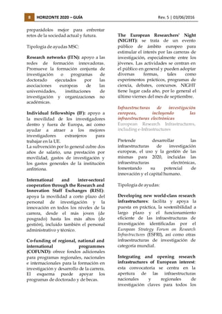 8 HORIZONTE 2020 – GUÍA Rev. 5 | 03/06/2016
preparádolos mejor para enfrentar
retos de la sociedad actual y futura.
Tipología de ayudas MSC:
Research networks (ITN): apoyo a las
redes de formación innovadoras.
Promueve la formación conjunta de
investigación o programas de
doctorado ejecutados por las
asociaciones europeas de las
universidades, instituciones de
investigación y organizaciones no
académicas.
Individual fellowships (IF): apoyo a
la movilidad de los investigadores
dentro y fuera de Europa, así como
ayudar a atraer a los mejores
investigadores extranjeros para
trabajar en la UE.
La subvención por lo general cubre dos
años de salario, una prestación por
movilidad, gastos de investigación y
los gastos generales de la institución
anfitriona.
International and inter-sectoral
cooperation through the Research and
Innovation Staff Exchanges (RISE):
apoya la movilidad a corto plazo del
personal de investigación y la
innovación en todos los niveles de la
carrera, desde el más joven (de
posgrado) hasta los más altos (de
gestión), incluido también el personal
administrativo y técnico.
Co-funding of regional, national and
international programmes
(COFUND): ofrece fondos adicionales
para programas regionales, nacionales
e internacionales para la formación en
investigación y desarrollo de la carrera.
El esquema puede apoyar los
programas de doctorado y de becas.
The European Researchers' Night
(NIGHT): se trata de un evento
público de ámbito europeo para
estimular el interés por las carreras de
investigación, especialmente entre los
jóvenes. Las actividades se centran en
el público en general y pueden adoptar
diversas formas, tales como
experimentos prácticos, programas de
ciencia, debates, concursos. NIGHT
tiene lugar cada año, por lo general el
último viernes del mes de septiembre.
Infraestructuras de investigación
europeas, incluyendo las
infraestructuras electrónicas
European Research Infrastructures,
including e-Infrastructures
Pretende desarrollar las
infraestructuras de investigación
europeas, el uso y la gestión de las
mismas para 2020, incluidas las
infraestructuras electrónicas,
fomentando su potencial de
innovación y el capital humano.
Tipología de ayudas:
Developing new world-class research
infrastructures: facilita y apoya la
puesta en práctica, la sostenibilidad a
largo plazo y el funcionamiento
eficiente de las infraestructuras de
investigación identificadas por el
European Strategy Forum on Research
Infrastructures (ESFRI), así como otras
infraestructuras de investigación de
categoría mundial.
Integrating and opening research
infrastructures of European interest:
esta convocatoria se centra en la
apertura de las infraestructuras
nacionales y regionales de
investigación claves para todos los
 