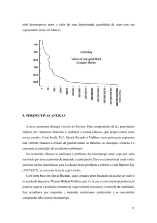 11
total descompasso entre o valor de uma determinada quantidade de ouro com sua
representatividade em Marcos:
5. PERSPECTIVAS ANTIGAS
A nova economia abrange a teoria de Keynes. Para compreensão de tal, precisamos
realizar um retrocesso histórico e conhecer a escola clássica, que propulsionou esses
novos estudos. Com Smith, Mill, Stuart, Ricardo e Malthus como principais expoentes
esta vertente buscava a divisão da produtividade do trabalho, as inovações técnicas e a
crescente acumulação do excedente econômico.
Na economia clássica se analisava o problema do desemprego como algo que seria
resolvido por uma economia de mercado a curto prazo. Para os economistas desta visão,
existiam razões sistemáticas para a solução desse problema e caberia a Jean Baptiste Say
(1767-1832), economista francês explicita-las.
Com forte base em David Ricardo, cujos estudos eram baseados na noção de valor e
na noção de riqueza e Thomas Robert Malthus, que dizia que o crescimento populacional
poderia superar a produção alimentícia o que tornaria necessário o controle da natalidade,
Say acreditava que enquanto o mercado continuasse produzindo e o consumidor
comprando, não haveria desemprego.
 