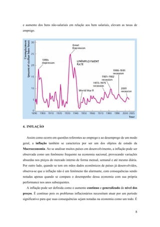 8
e aumento dos bens não-salariais em relação aos bem salariais, elevam as taxas de
emprego.
4. INFLAÇÃO
Assim como ocorre em questões referentes ao emprego e ao desemprego de um modo
geral, a inflação também se caracteriza por ser um dos objetos de estudo da
Macroeconomia. Ao se analisar muitos países em desenvolvimento, a inflação pode ser
observada como um fenômeno frequente na economia nacional, provocando variações
absurdas nos preços do mercado interno de forma mensal, semanal e até mesmo diária.
Por outro lado, quando se tem em mãos dados econômicos de países já desenvolvidos,
observa-se que a inflação não é um fenômeno tão alarmante, com consequências sendo
notadas apenas quando se compara o desempenho dessa economia com sua própria
performance nos anos subsequentes.
A inflação pode ser definida como o aumento contínuo e generalizado do nível dos
preços. É contínuo pois os problemas inflacionários necessitam atuar por um período
significativo para que suas consequências sejam notadas na economia como um todo. É
 