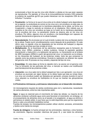 evolucionado a favor de que los virus sólo infecten a células en los que sean capaces
   de reproducirse. Por ejemplo, el Virus de la inmunodeficiencia humana (VIH) presenta
   la proteína de superficie gp120 que puede interactuar con los receptores CD4 de los
   linfocitos T humanos.

   Penetración. La forma en la que el virus entra en la célula huésped varía dependiendo
   de la especie. La endocitosis es común en los virus con o sin envoltura; en este caso, la
   partícula del virus es rodeada por la membrana plasmática de la célula, se forma una
   invaginación y luego la vesícula se introduce en el citoplasma. Otro método que se
   presenta en los virus con envoltura se basa en la fusión de la membrana plasmática
   con la envoltura del virus. La penetración directa se observa sólo en los virus sin
   envoltura. Por último, algunos virus sin envoltura y los bacteriófagos son capaces de
   inyectar directamente el genoma en la célula huésped.

   Desnudamiento. Es el proceso por el cual el ácido nucleico del virus es liberado dentro
   de la célula. Puede ocurrir simultáneamente o poco después de la penetración. En este
   último caso, la cápside vírica es degradada por las enzimas del huésped (o algunas
   veces por las enzimas que trae consigo el virus).
   Multiplicación. Es la biosíntesis de los elementos necesarios para la formación de
   nuevos virus: ARNm, proteínas y ácidos nucleicos. Incluye la expresión genética
   (transcripción y traducción) y la replicación del genoma. La transcripción es la síntesis
   de ARN mensajero (ARNm) a partir del genoma del virus. La traducción es la síntesis,
   en los ribosomas del huésped, de las proteínas virales, tanto las que componen la
   cápside como las proteínas enzimáticas. Durante la replicación se obtienen las copias
   del genoma viral. El proceso es muy variado y depende del tipo de virus.

   Ensamblaje. En esta etapa se forma la cápside viral y se asocia con el genoma viral.
   Tras la formación de las partículas del virus, a menudo se realiza una modificación
   post-translacional de las proteínas virales.

   Liberación. Los virus salen de la célula huésped por lisis o por gemación. Los virus sin
   envoltura se acumulan por algún tiempo en la célula hasta que ésta se rompe (lisis).
   Los virus con envoltura suelen ser liberados por gemación, proceso durante el cual el
   virus adquiere su envoltura de fosfolípidos en la que se insertan las glicoproteínas
   virales.

2.4 Parámetros intrínsecos y extrínsecos relacionados con el desarrollo microbiano

Un microorganismo requiere de ciertas condiciones para vivir y reproducirse, necesitando
de ciertos elementos, entre los más importantes están:

Agua: el agua es esencial para el crecimiento de todas las células. La mayoría de los
alimentos contienen suficiente agua como para favorecer el crecimiento; sin embargo, en
el procesamiento de alimentos como es el secado o la congelación, el agua se elimina o
permanece en estado sólido, lo que hace que no esté disponible para que los organismos
lleven a cabo una actividad metabólica normal.
Fuentes de energía; los microorganismos pueden utilizar alcohol, azúcares, aminoácidos
y lípidos como fuente de energía.

Fuente de nitrógeno; la fuente principal son los aminoácidos, vitaminas y otros factores
de crecimiento. Algunos necesitan vitaminas del grupo B, y casi todos los alimentos

                                                                                         19
Castillo, Yorling     Andino, Flavia      Febrero 2010
 