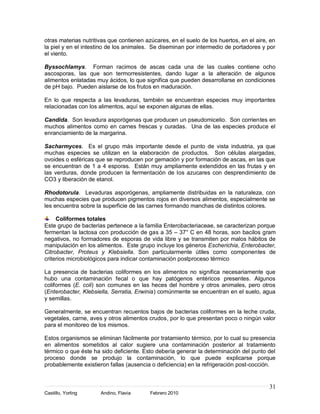 otras materias nutritivas que contienen azúcares, en el suelo de los huertos, en el aire, en
la piel y en el intestino de los animales. Se diseminan por intermedio de portadores y por
el viento.

Byssochlamys. Forman racimos de ascas cada una de las cuales contiene ocho
ascosporas, las que son termorresistentes, dando lugar a la alteración de algunos
alimentos enlatadas muy ácidos, lo que significa que pueden desarrollarse en condiciones
de pH bajo. Pueden aislarse de los frutos en maduración.

En lo que respecta a las levaduras, también se encuentran especies muy importantes
relacionadas con los alimentos, aquí se exponen algunas de ellas.

Candida. Son levadura asporógenas que producen un pseudomicelio. Son corrientes en
muchos alimentos como en carnes frescas y curadas. Una de las especies produce el
enranciamiento de la margarina.

Sacharmyces. Es el grupo más importante desde el punto de vista industria, ya que
muchas especies se utilizan en la elaboración de productos. Son células alargadas,
ovoides o esféricas que se reproducen por gemación y por formación de ascas, en las que
se encuentran de 1 a 4 esporas. Están muy ampliamente extendidos en las frutas y en
las verduras, donde producen la fermentación de los azucares con desprendimiento de
CO3 y liberación de etanol.

Rhodotorula. Levaduras asporógenas, ampliamente distribuidas en la naturaleza, con
muchas especies que producen pigmentos rojos en diversos alimentos, especialmente se
les encuentra sobre la superficie de las carnes formando manchas de distintos colores.

     Coliformes totales
Este grupo de bacterias pertenece a la familia Enterobacteriaceae, se caracterizan porque
fermentan la lactosa con producción de gas a 35 – 37° C en 48 horas, son bacilos gram
negativos, no formadores de esporas de vida libre y se transmiten por malos hábitos de
manipulación en los alimentos. Este grupo incluye los géneros Escherichia, Enterobacter,
Citrobacter, Proteus y Klebsiella. Son particularmente útiles como componentes de
criterios microbiológicos para indicar contaminación postproceso térmico

La presencia de bacterias coliformes en los alimentos no significa necesariamente que
hubo una contaminación fecal o que hay patógenos entéricos presentes. Algunos
coliformes (E. coli) son comunes en las heces del hombre y otros animales, pero otros
(Enterobacter, Klebsiella, Serratia, Erwinia) comúnmente se encuentran en el suelo, agua
y semillas.

Generalmente, se encuentran recuentos bajos de bacterias coliformes en la leche cruda,
vegetales, carne, aves y otros alimentos crudos, por lo que presentan poco o ningún valor
para el monitoreo de los mismos.

Estos organismos se eliminan fácilmente por tratamiento térmico, por lo cual su presencia
en alimentos sometidos al calor sugiere una contaminación posterior al tratamiento
térmico o que éste ha sido deficiente. Esto debería generar la determinación del punto del
proceso donde se produjo la contaminación, lo que puede explicarse porque
probablemente existieron fallas (ausencia o deficiencia) en la refrigeración post-cocción.


                                                                                         31
Castillo, Yorling     Andino, Flavia      Febrero 2010
 