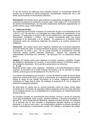 El uso del recuento de coliformes como indicador requiere un conocimiento amplio del
proceso que al alimento ha sufrido (producción, procesamiento, distribución, etc.) y del
efecto que él ha tenido en las bacterias coliformes.

Enterobacter. Son bacilos cortos, gram positivos no productores de pigmenos, fermentan
la glucosa y la lactosa con producción de ácido y gas. Crece mejor a 35° C al contrario de
las demás Enterobacteráceas. Se encuentra ampliamente distribuidos especialmente en
plantas, granos, agua y tracto intestinal.

     Coliformes fecales
Son coliformes que fermentan la lactosa con producción de gas a una temperatura de 44
a 44,5°C ± 0,2, de vida libre y se transmiten por malos hábitos de manipulación en los
alimentos. En este grupo se incluye el 90% de las colonias de E. coli y algunas cepas de
Enterobacter, Citrobacter y Proteus. En el género Enterobacter están dos grupos
importantes el de Salmonella y el de Shigella. Su presencia en el alimento brinda
información sobre las condiciones higiénicas del producto y la eventual presencia de
patógenos.

Salmonella. Son bacilos cortos, gram negativos, aerobios que no producen pigmentos
sobre los medios de cultivo, la mayoría fermenta la glucosa y otros azúcares sencillos con
la producción de ácido y gas. Se les puede encontrar en explotaciones animales
intensivas, granjas aviares, personas portadoras.          Algunas son causantes de
enfermedades transmitidas por alimentos. Se destruyen con un tratamiento térmico
ligero.

Shigella. Son bacilos cortos, gram negativos e inmóviles, aerobios y mesófilos. Pueden
ser patógenos oportunistas en humanos, ya que pueden producir la disentería bacilar y
otros trastornos intestinales. No se admite su presencia en los alimentos.
     E. coli
Bacterias bacilos cortos, gram negativas. Pertenece a las Enterobacteráceas lactosa-
positivas, se encuentra en el tracto intestinal del hombre y de los animales de sangre
caliente, produce gas a una temperatura de 44 a 44,5°C ± 0,2.

Los criterios microbiológicos que incluyen E. coli son de utilidad en casos en que se desea
determinar contaminación fecal, ya que la contaminación de un alimento con esta bacteria
implica el riesgo de que puedan encontrarse en el mismo, patógenos entéricos que
constituyan un riesgo para la salud. Sin embargo, la ausencia de E. coli no asegura la
ausencia de patógenos entéricos.

Se debe tener en cuenta que en muchos productos crudos de origen animal, bajos
recuentos de E. coli pueden ser esperados dada la asociación cercana de estos alimentos
con el ambiente animal y por la probabilidad de la contaminación con materia fecal animal
durante la faena.

Se considera indicador de contaminación fecal reciente, humana o animal en productos
como agua embotellada, leche y jugos, alimentos infantiles, y alimentos procesados, en
general. E. coli se puede eliminar fácilmente mediante procesos térmicos. Su presencia
en el alimento que ha sido sometido a temperaturas elevadas significa un proceso
deficiente o, lo que es más común, una contaminación posterior al proceso atribuible al
equipo, manipuladores o contaminación cruzada. Sin embargo, si el objetivo del análisis


                                                                                        32
Castillo, Yorling     Andino, Flavia     Febrero 2010
 