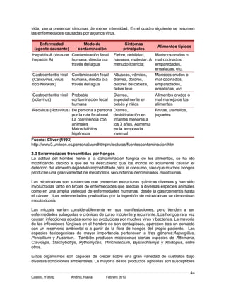 vida, van a presentar síntomas de menor intensidad. En el cuadro siguiente se resumen
las enfermedades causadas por algunos virus.

     Enfermedad              Modo de               Síntomas
                                                                    Alimentos típicos
  (agente causante)       contaminación           principales
Hepatitis A (virus de Contaminación fecal     Fiebre, debilidad,   Mariscos crudos o
hepatitis A)          humana, directa o a     náuseas, malestar. A mal cocinados;
                      través del agua         menudo ictericia;    emparedados,
                                                                   ensaladas, etc.
Gastroenteritis viral Contaminación fecal Náuseas, vómitos,        Mariscos crudos o
(Calicivirus, virus   humana, directa o a diarrea, dolores,        mal cocinados;
tipo Norwalk)         través del agua         dolores de cabeza,   emparedados,
                                              fiebre leve          ensaladas, etc.
Gastroenteritis viral Probable                Diarrea,             Alimentos crudos o
(rotavirus)           contaminación fecal especialmente en         mal manejo de los
                      humana                  bebés y niños        alimentos
Reovirus (Rotavirus) De persona a persona Diarrea,                 Frutas, utensilios,
                      por la ruta fecal-oral. deshidratación en    juguetes
                      La convivencia con      infantes menores a
                      animales                los 3 años. Aumenta
                      Malos hábitos           en la temporada
                      higiénicos              invernal
Fuente: Cliver (1993)
http://www3.unileon.es/personal/wwdhtmpm/lecturas/fuentescontaminacion.htm

3.3 Enfermedades transmitidas por hongos
La actitud del hombre frente a la contaminación fúngica de los alimentos, se ha ido
modificando, debido a que se ha descubierto que los mohos no solamente causan el
deterioro del alimento dejándolo imposibilitado para el consumo, sino que muchos hongos
producen una gran variedad de metabolitos secundarios denominados micotoxinas.

Las micotoxinas son sustancias que presentan estructuras químicas diversas y han sido
involucradas tanto en brotes de enfermedades que afectan a diversas especies animales
como en una amplia variedad de enfermedades humanas, desde la gastroenteritis hasta
el cáncer. Las enfermedades producidas por la ingestión de micotoxinas se denominan
micotoxicosis.

Las micosis varían considerablemente en sus manifestaciones, pero tienden a ser
enfermedades subagudas o crónicas de curso indolente y recurrente. Los hongos rara vez
causan infecciones agudas como las producidas por muchos virus y bacterias. La mayoría
de las infecciones fúngicas en el hombre no son contagiosas, aparecen tras un contacto
con un reservorio ambiental o a partir de la flora de hongos del propio paciente. Las
especies toxicogénicas de mayor importancia pertenecen a tres géneros:Aspergillus,
Penicillium y Fusarium. También producen micotoxinas ciertas especies de Alternaria,
Claviceps, Stachybotrys, Pythomyces, Thrichotecium, Byssochlamys y Rhizopus, entre
otros.

Estos organismos son capaces de crecer sobre una gran variedad de sustratos bajo
diversas condiciones ambientales. La mayoría de los productos agrícolas son susceptibles

                                                                                         44
Castillo, Yorling     Andino, Flavia    Febrero 2010
 