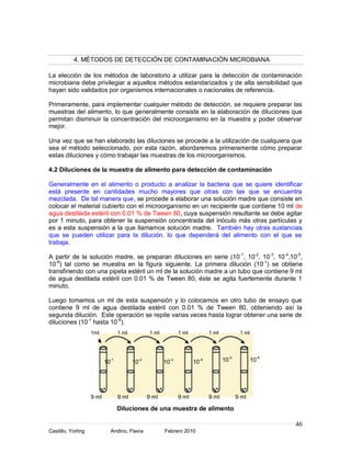 4. MÉTODOS DE DETECCIÓN DE CONTAMINACIÓN MICROBIANA

La elección de los métodos de laboratorio a utilizar para la detección de contaminación
microbiana debe privilegiar a aquellos métodos estandarizados y de alta sensibilidad que
hayan sido validados por organismos internacionales o nacionales de referencia.

Primeramente, para implementar cualquier método de detección, se requiere preparar las
muestras del alimento, lo que generalmente consiste en la elaboración de diluciones que
permitan disminuir la concentración del microorganismo en la muestra y poder observar
mejor.

Una vez que se han elaborado las diluciones se procede a la utilización de cualquiera que
sea el método seleccionado, por esta razón, abordaremos primeramente cómo preparar
estas diluciones y cómo trabajar las muestras de los microorganismos.

4.2 Diluciones de la muestra de alimento para detección de contaminación

Generalmente en el alimento o producto a analizar la bacteria que se quiere identificar
está presente en cantidades mucho mayores que otras con las que se encuentra
mezclada. De tal manera que, se procede a elaborar una solución madre que consiste en
colocar el material cubierto con el microorganismo en un recipiente que contiene 10 ml de
agua destilada estéril con 0.01 % de Tween 80, cuya suspensión resultante se debe agitar
por 1 minuto, para obtener la suspensión concentrada del inóculo más otras partículas y
es a esta suspensión a la que llamamos solución madre. También hay otras sustancias
que se pueden utilizar para la dilución, lo que dependerá del alimento con el que se
trabaja.

A partir de la solución madre, se preparan diluciones en serie (10 -1, 10-2, 10-3, 10-4,10-5,
10-6) tal como se muestra en la figura siguiente. La primera dilución (10-1) se obtiene
transfiriendo con una pipeta estéril un ml de la solución madre a un tubo que contiene 9 ml
de agua destilada estéril con 0.01 % de Tween 80, éste se agita fuertemente durante 1
minuto.

Luego tomamos un ml de esta suspensión y lo colocamos en otro tubo de ensayo que
contiene 9 ml de agua destilada estéril con 0.01 % de Tween 80, obteniendo así la
segunda dilución. Este operación se repite varias veces hasta lograr obtener una serie de
diluciones (10-1 hasta 10-6).
                    1ml           1 ml           1 ml          1 ml          1 ml          1 ml



                                                                                     -5            -6
                           10-1          10-2           10-3          10-4          10            10




                    9 ml          9 ml          9 ml           9 ml          9 ml         9 ml

                                  Diluciones de una muestra de alimento

                                                                                                        46
Castillo, Yorling            Andino, Flavia             Febrero 2010
 