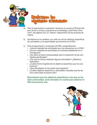 a)   Para el seguimiento y evaluación, tomemos en cuenta el PEA del año
     que vamos a revisar y buscamos en la estrategia ¿Qué Ruta Toma-
     mos?, las páginas 25 y 27, Etapa 4: Seguimiento de las acciones de
     mejora.

b)   Escribamos en la cartelera, por cada uno de los objetivos especíﬁcos,
     las actividades y los responsables que tenemos en el PEA.

c)   Para el seguimiento y evaluación del PEA, preguntémonos:
     • ¿Hemos realizado las actividades que nos propusimos en el PEA?
     • ¿Se han realizado las actividades en el tiempo establecido en el
       cronograma?
     • ¿Se utilizó el dinero presupuestado para la realización de las acti-
       vidades planiﬁcadas?
     • ¿Por qué no hemos realizado algunas actividades? ¿Debemos
       realizarlas?
     • ¿Cuánto hemos logrado de los objetivos especíﬁcos que nos pro-
       pusimos?
     • ¿Qué diﬁcultades se han tenido para lograrlos?
     • ¿Cuáles objetivos especíﬁcos y actividades necesitan que les de-
       mos continuidad el próximo año?

     Recordemos que los objetivos especíﬁcos a los que se les
     dará continuidad, serán tomados en cuenta para elaborar el
     PEA del próximo año.




                             40
 