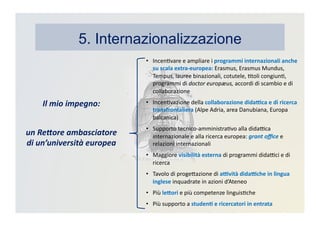 5. Internazionalizzazione
•  IncenKvare	
  e	
  ampliare	
  i	
  programmi	
  internazionali	
  anche	
  
su	
  scala	
  extra-­‐europea:	
  Erasmus,	
  Erasmus	
  Mundus,	
  
Tempus,	
  lauree	
  binazionali,	
  cotutele,	
  Ktoli	
  congiunK,	
  
programmi	
  di	
  doctor	
  europæus,	
  accordi	
  di	
  scambio	
  e	
  di	
  
collaborazione	
  
•  IncenKvazione	
  della	
  collaborazione	
  dida?ca	
  e	
  di	
  ricerca	
  
transfrontaliera	
  (Alpe	
  Adria,	
  area	
  Danubiana,	
  Europa	
  
balcanica)	
  
•  Supporto	
  tecnico-­‐amministraKvo	
  alla	
  didaBca	
  
internazionale	
  e	
  alla	
  ricerca	
  europea:	
  grant	
  oﬃce	
  e	
  
relazioni	
  internazionali	
  
•  Maggiore	
  visibilità	
  esterna	
  di	
  programmi	
  didaBci	
  e	
  di	
  
ricerca	
  
•  Tavolo	
  di	
  progeDazione	
  di	
  a?vità	
  dida?che	
  in	
  lingua	
  
inglese	
  inquadrate	
  in	
  azioni	
  d’Ateneo	
  
•  Più	
  le>ori	
  e	
  più	
  competenze	
  linguisKche	
  
•  Più	
  supporto	
  a	
  studen3	
  e	
  ricercatori	
  in	
  entrata	
  
Il	
  mio	
  impegno:	
  	
  
un	
  Re2ore	
  ambasciatore	
  
di	
  un’università	
  europea	
  
 