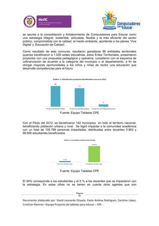 Documento elaborado por: David Leonardo Orjuela, Paola Andrea Rodriguez, Carolina López,
Cristhian Ramirez –Equipo Proyecto de tabletas para educar – CPE -.
Página
25
se apunta a la consolidación y fortalecimiento de Computadores para Educar como
una estrategia integral, sostenible, articulada, flexible y la más eficiente del sector
público, comprometida con la calidad, el medio ambiente, aportando a los planes ‘Vive
Digital’ y ‘Educación de Calidad’.
Como resultado de este concurso, resultaron ganadoras 86 entidades territoriales
quienes beneficiaron a 1.026 sedes educativas, estos Entes Territoriales, presentaron
proyectos con una propuesta pedagógica y operativa, cumplieron con el esquema de
cofinanciación de acuerdo a la categoría del municipio o el departamento, a fin de
otorgar mayores oportunidades a los niños y niñas de recibir una educación que
desarrolle competencias para el futuro.
Fuente: Equipo Tabletas CPE
Con el Piloto del 2012, se beneficiaron 142 municipios en todo el territorio nacional,
beneficiando población urbana y rural. Se logró impactar a la comunidad académica
con un total de 105.789 personas impactadas, distribuidas entre docentes 5.963 y
99.826 estudiantes beneficiados.
Fuente: Equipo Tabletas CPE
El 94% corresponde a los estudiantes y el 6 % a los docentes que se impactaron con
la estrategia. En estas cifras no se tienen en cuenta otros agentes que son
 