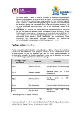 Documento elaborado por: David Leonardo Orjuela, Paola Andrea Rodriguez, Carolina López,
Cristhian Ramirez –Equipo Proyecto de tabletas para educar – CPE -.
Página
32
educación media. Cuando se trate de proyectos de investigación pedagógica,
deberán estar avalados o hacer parte de proyectos o grupos de investigación.
Si un ente territorial desea articular su propuesta con una biblioteca lo puede
hacer siempre y cuando, la estrategia pedagógica que elija sea la estrategia 5,
es necesario aclarar que las tabletas son propiedad de la sede educativa que
se haya beneficiado con el proyecto y no de las bibliotecas o casas de la
cultura.
 Estrategia 6.- Inclusión. La entidad territorial puede determinar el desarrollo
de una estrategia de inclusión de los estudiantes que se encuentran en sus
Instituciones Educativas con el apoyo de la herramienta de las tabletas. En
este sentido se pueden contemplar grupos poblacionales de estudiantes que se
encuentren como minoría étnica, estudiantes con discapacidad física,
estudiantes con discapacidad cognitiva, estudiantes con discapacidad
sensorial, estudiantes con discapacidad intelectual, entre otros.
Tipología sedes educativas
Para la asignación de tabletas a las sedes educativas públicas del país, Computadores
para Educar, ha establecido unas tipologías partiendo de las características de las
sedes educativas del país, es necesario que cada una de las sedes interesadas en
participar y las entidades territoriales, clasifiquen a cada una de las sedes con las que
se presentarán los proyectos de acuerdo a esta tipología:
Tipología sedes
Educativas
Ubicación Matrícula*
Tipo 1 Urbana pequeña Pequeña (hasta 300 estudiantes)
Tipo 2 Urbana mediana
Medianas (entre 301 y 600
estudiantes)
Tipo 3 Urbana grande
Grandes (más de 601
estudiantes)
Tipo 4 Rural pequeña Pequeña (hasta 300 estudiantes)
Tipo 5 Rural grande
Grande (más de 300
estudiantes)
* Matricula general de la sede educativa.
 