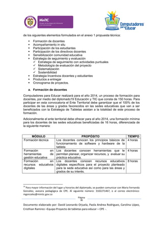 Documento elaborado por: David Leonardo Orjuela, Paola Andrea Rodriguez, Carolina López,
Cristhian Ramirez –Equipo Proyecto de tabletas para educar – CPE -.
Página
36
de los siguientes elementos formulados en el anexo 1 propuesta técnica:
 Formación de docentes
 Acompañamiento in situ
 Participación de los estudiantes
 Participación de los directivos docentes
 Sensibilización comunidad educativa
 Estrategia de seguimiento y evaluación
 Estrategia de seguimiento con actividades puntuales
 Metodología de evaluación del proyecto
 Sistematización
 Sostenibilidad
 Estrategia Incentivos docentes y estudiantes
 Productos a entregar
 Cronograma de proyectos.
a. Formación de docentes
Computadores para Educar realizará para el año 2014, un proceso de formación para
docentes, por medio del diplomado19 Educación y TIC que consta de 150 horas. Para
participar en esta convocatoria el Ente Territorial debe garantizar que el 100% de los
docentes de las áreas y grados favorecidos en las sedes educativas que van a ser
beneficiados con la Estrategia de Tabletas asistan a la totalidad de este proceso de
formación.
Adicionalmente el ente territorial debe ofrecer para el año 2014, una formación mínima
para los docentes de las sedes educativas beneficiadas de 16 horas, diferenciada de
la siguiente manera:
MÓDULO PROPÓSITO TIEMPO
Formación técnica Los docentes conocen los principios básicos de
funcionamiento de software y hardware de la
tableta
4 horas
Formación en
herramientas de
gestión educativa
Los docentes conocen herramientas que le
permitan planear, organizar recursos, y evaluar su
práctica educativa.
4 horas
Formación en
recursos educativos
digitales
Los docentes conocen recursos educativos
digitales específicos para el proyecto planteado
para la sede educativa así como para las áreas y
grados de su interés.
8 horas
19
Para mayor información del lugar y horarios del diplomado, se pueden comunicar con Maria Fernanda
González, asesora pedagógica de CPE. Al siguiente número: 3102271467, o al correo electrónico:
mgonzalez@mintic.gov.co
 