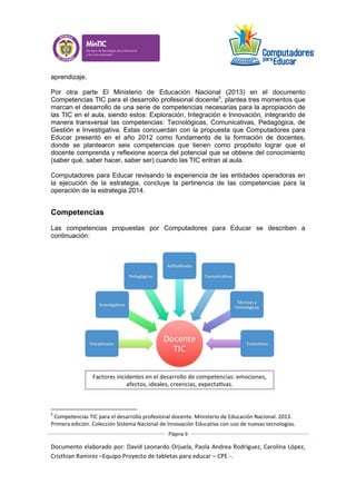 Documento elaborado por: David Leonardo Orjuela, Paola Andrea Rodriguez, Carolina López,
Cristhian Ramirez –Equipo Proyecto de tabletas para educar – CPE -.
Página 9
aprendizaje.
Por otra parte El Ministerio de Educación Nacional (2013) en el documento
Competencias TIC para el desarrollo profesional docente5
, plantea tres momentos que
marcan el desarrollo de una serie de competencias necesarias para la apropiación de
las TIC en el aula, siendo estos: Exploración, Integración e Innovación, integrando de
manera transversal las competencias: Tecnológicas, Comunicativas, Pedagógica, de
Gestión e Investigativa. Estas concuerdan con la propuesta que Computadores para
Educar presentó en el año 2012 como fundamento de la formación de docentes,
donde se plantearon seis competencias que tienen como propósito lograr que el
docente comprenda y reflexione acerca del potencial que se obtiene del conocimiento
(saber qué, saber hacer, saber ser) cuando las TIC entran al aula.
Computadores para Educar revisando la experiencia de las entidades operadoras en
la ejecución de la estrategia, concluye la pertinencia de las competencias para la
operación de la estrategia 2014.
Competencias
Las competencias propuestas por Computadores para Educar se describen a
continuación:
5
Competencias TIC para el desarrollo profesional docente. Ministerio de Educación Nacional. 2013.
Primera edición. Colección Sistema Nacional de Innovación Educativa con uso de nuevas tecnologías.
 